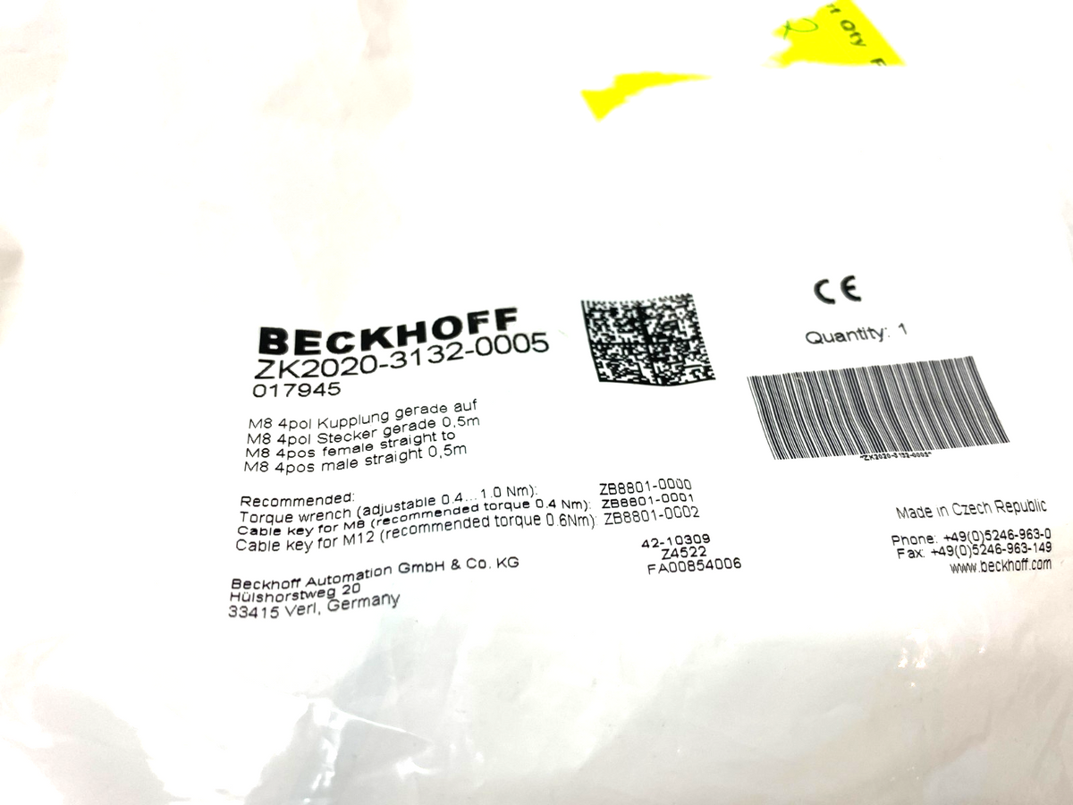 ZK2020-3132-0005 | Beckhoff Double Ended Power Cable M8 4-Pos Male to Fem - New Other - Maverick Industrial Sales