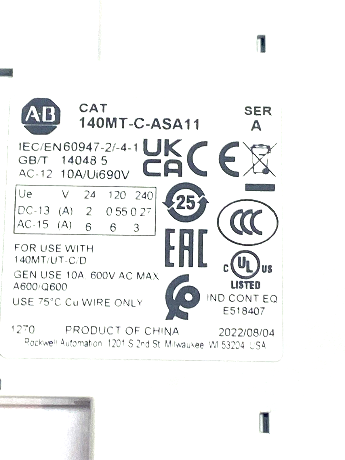 140MT‑C‑ASA11 | Allen-Bradley Side-Mounted Auxiliary Contact - Used - Maverick Industrial Sales