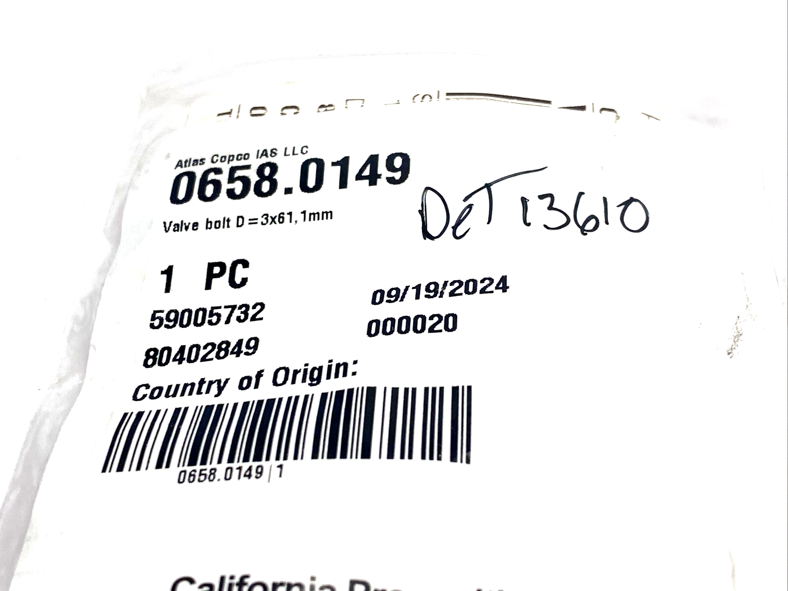 Atlas Copco 658.0149 Valve Bolt D= 3 x 61.1mm TC2002-B, 0658.0149 - New – Open box - Maverick Industrial Sales
