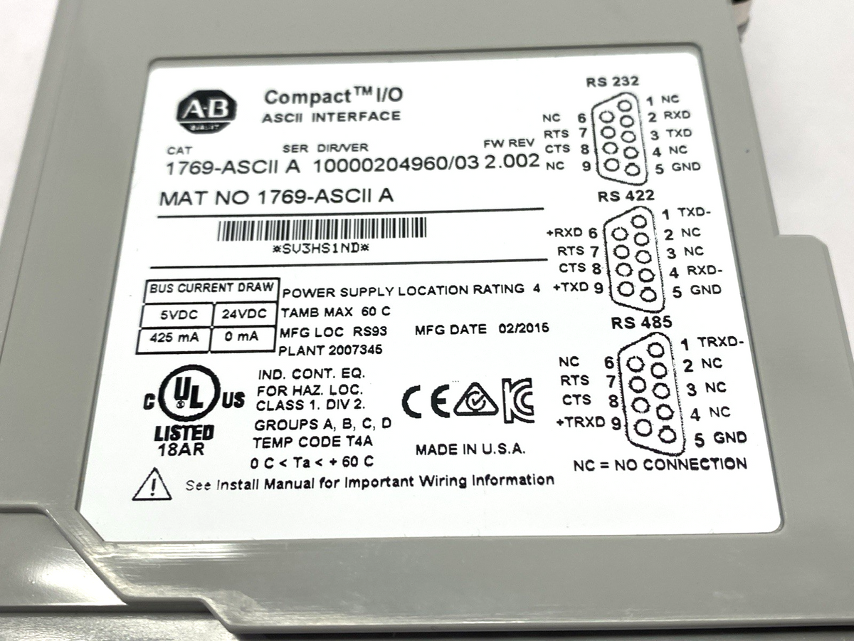 1769-ASCII | Allen Bradley Ser. A CompactLogix Interface ASCII Module 2-Ch- Used - Maverick Industrial Sales
