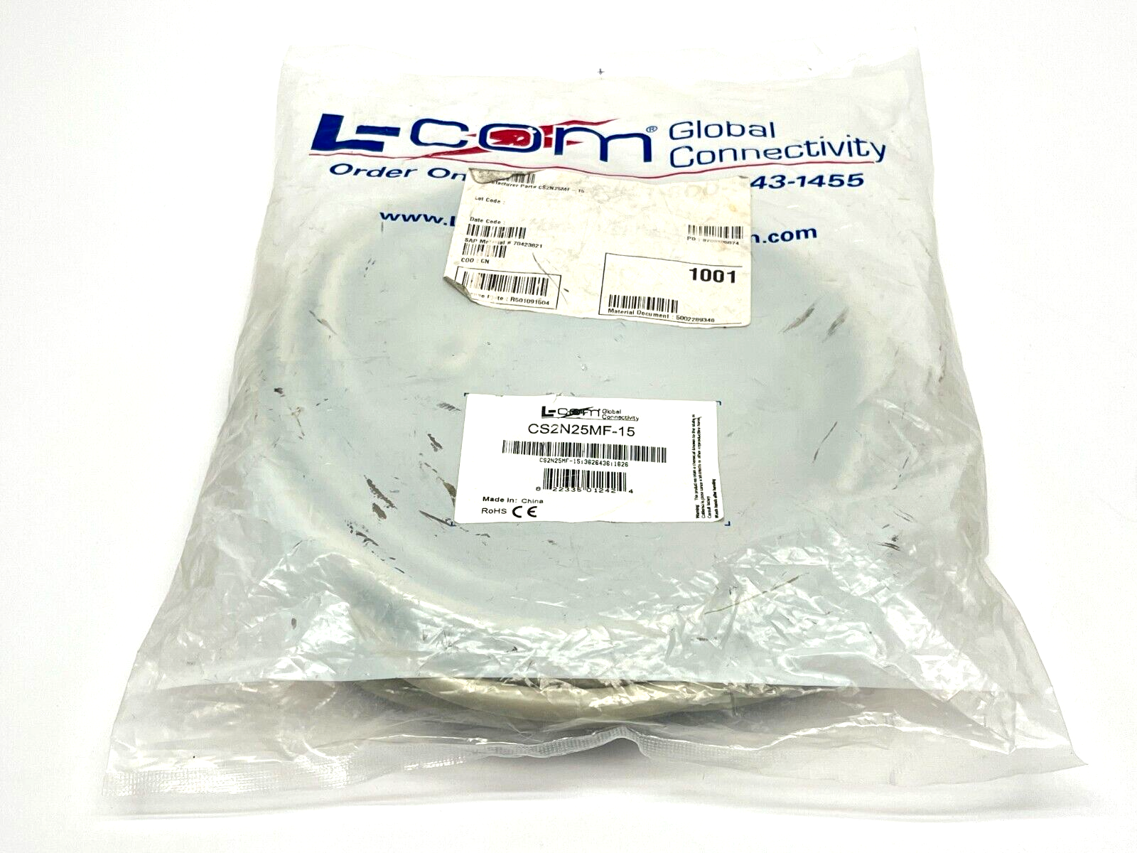 L-Com CS2N25MF-15 Premium Molded D-Sub Cable DB25 Male/Female 15ft - New - Maverick Industrial Sales