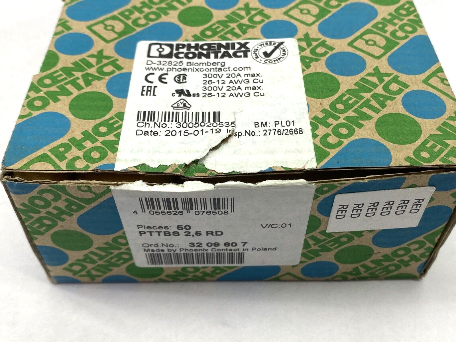 Phoenix Contact 3209607 Disconnect Terminal Block PTTBS 2,5 RD LOT OF 20 - New – Open box - Maverick Industrial Sales