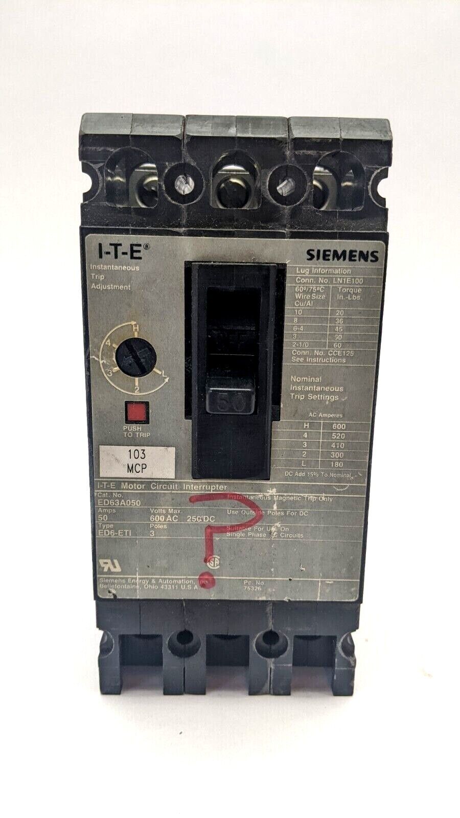 ED63A050 | Siemens Low Voltage Sentron Molded Case Circuit Breaker 50A ED6-ETI - For parts or not working - Maverick Industrial Sales