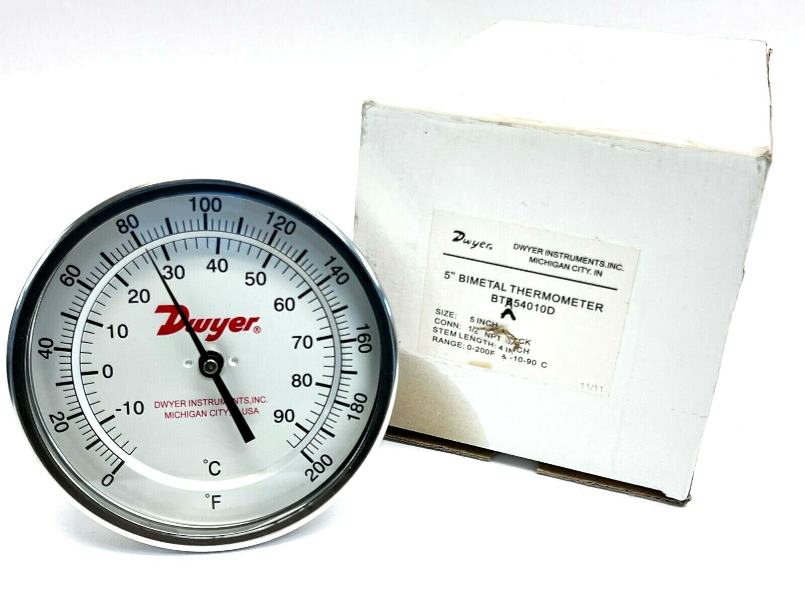 Dwyer BTA54010D Bimetal Thermometer 0-200F -10-90C 5" Dial 4" Stem - Maverick Industrial Sales