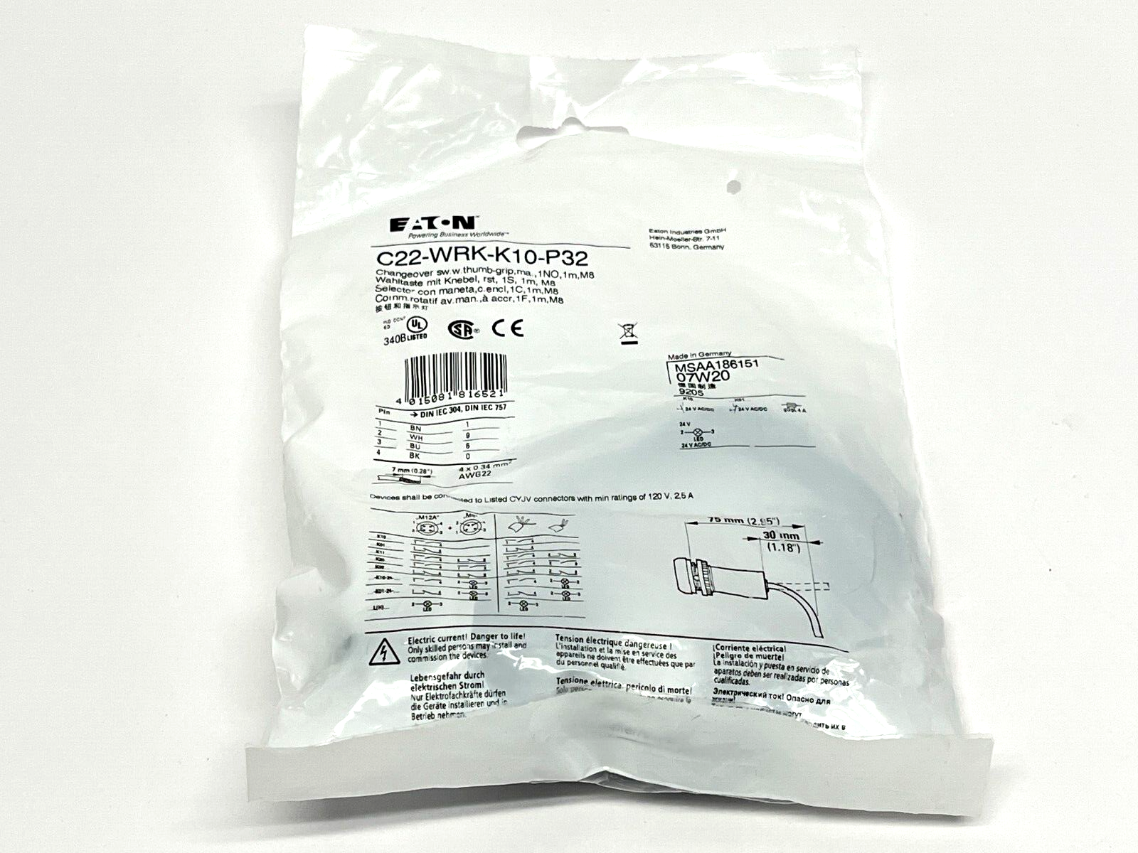 Eaton C22-WRK-K10-P32 Rotary Switch 2 Position 4A 230V 1 Pole - New - Maverick Industrial Sales