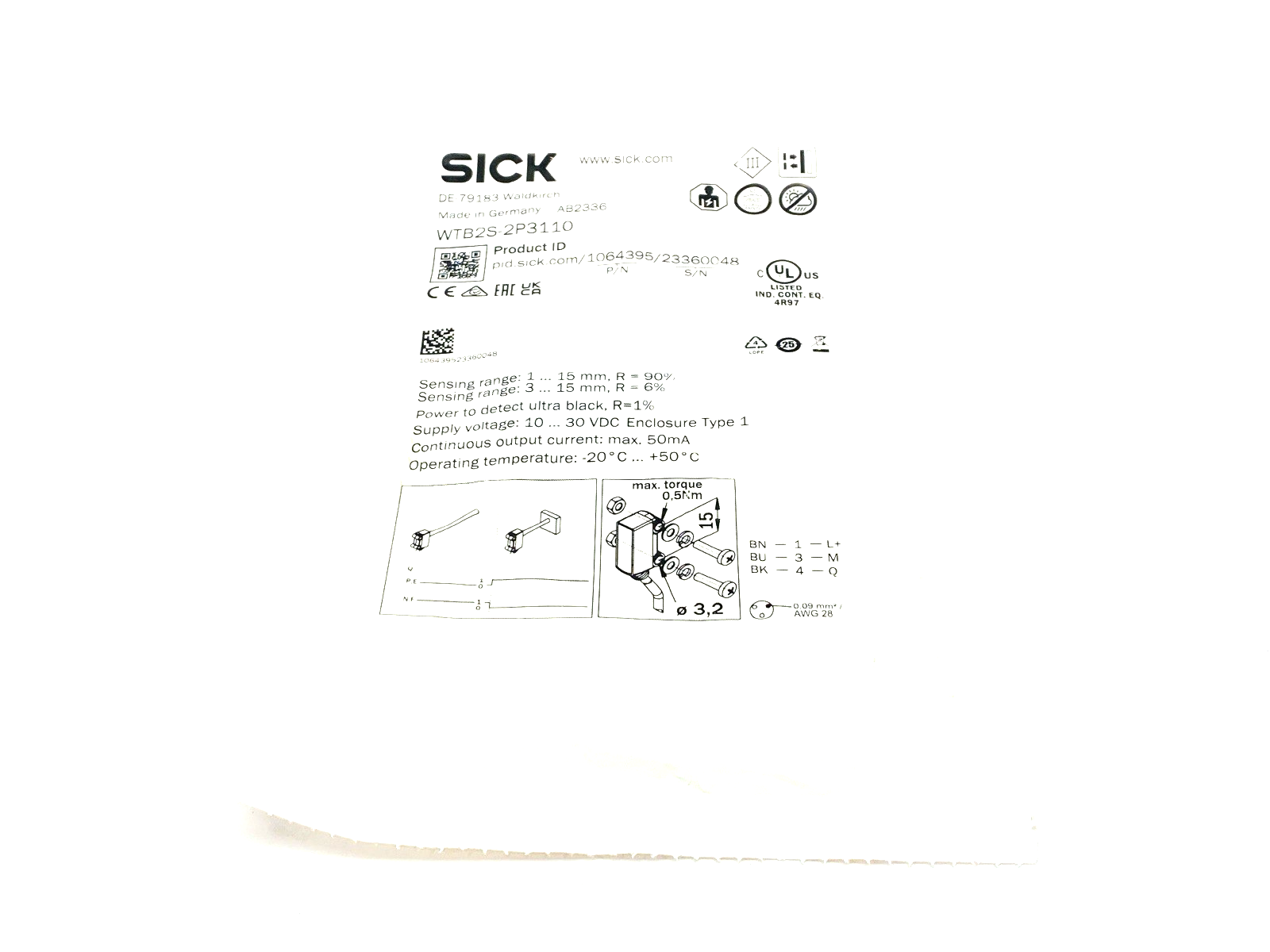 Sick WTB2S-2P3110 Photoelectric Proximity Sensor w/ Background Supp. 1064395 - Maverick Industrial Sales