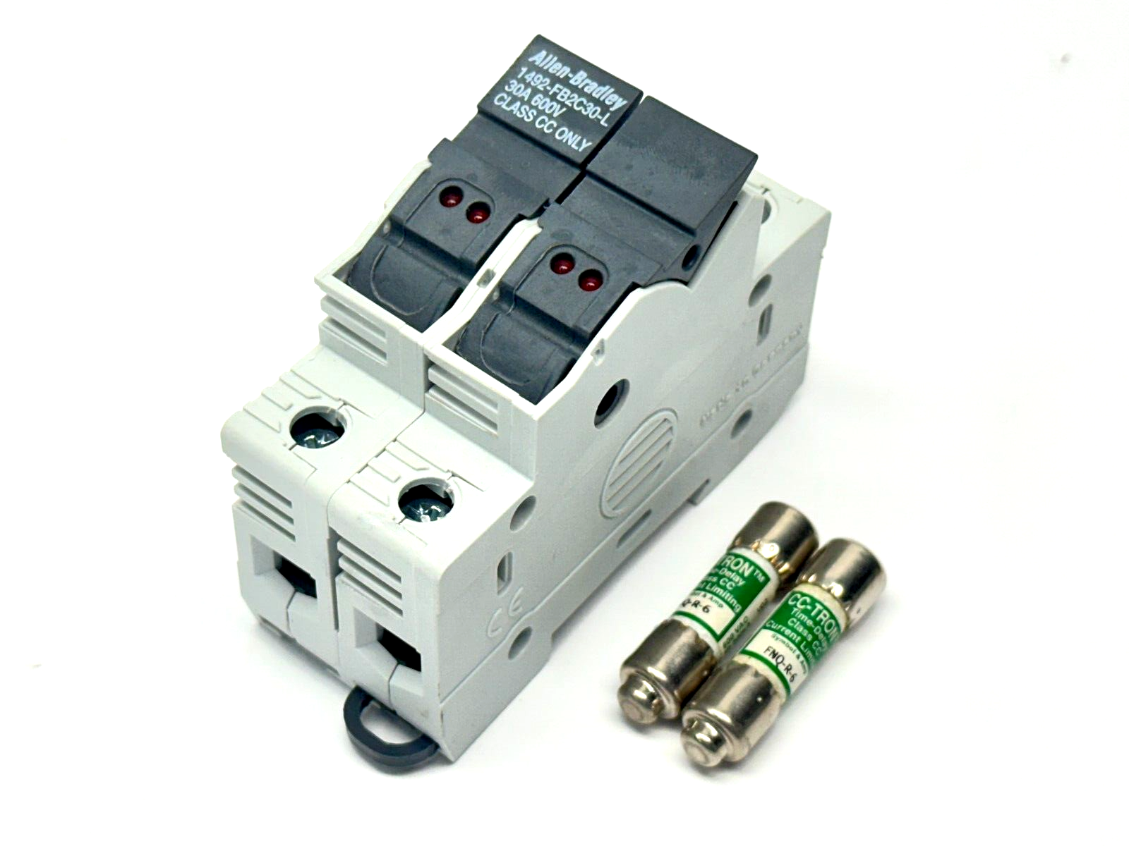 1492-FB2C30-L | Allen Bradley Fuse Holder 2-Pole 30A 600V w/ 2x CC-Tron FNQ-R-6 - Used - Maverick Industrial Sales