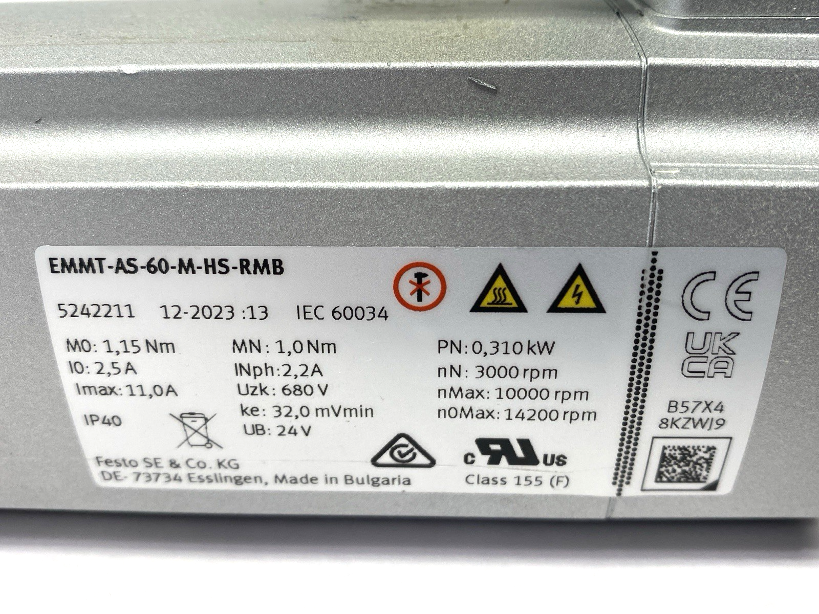EMMT-AS-60-M-HS-RMB, 5242211 | Festo EMMT-AS-60-M-HS-RMB Servo Motor 5242211 680V 310W - New – Open box - Maverick Industrial Sales