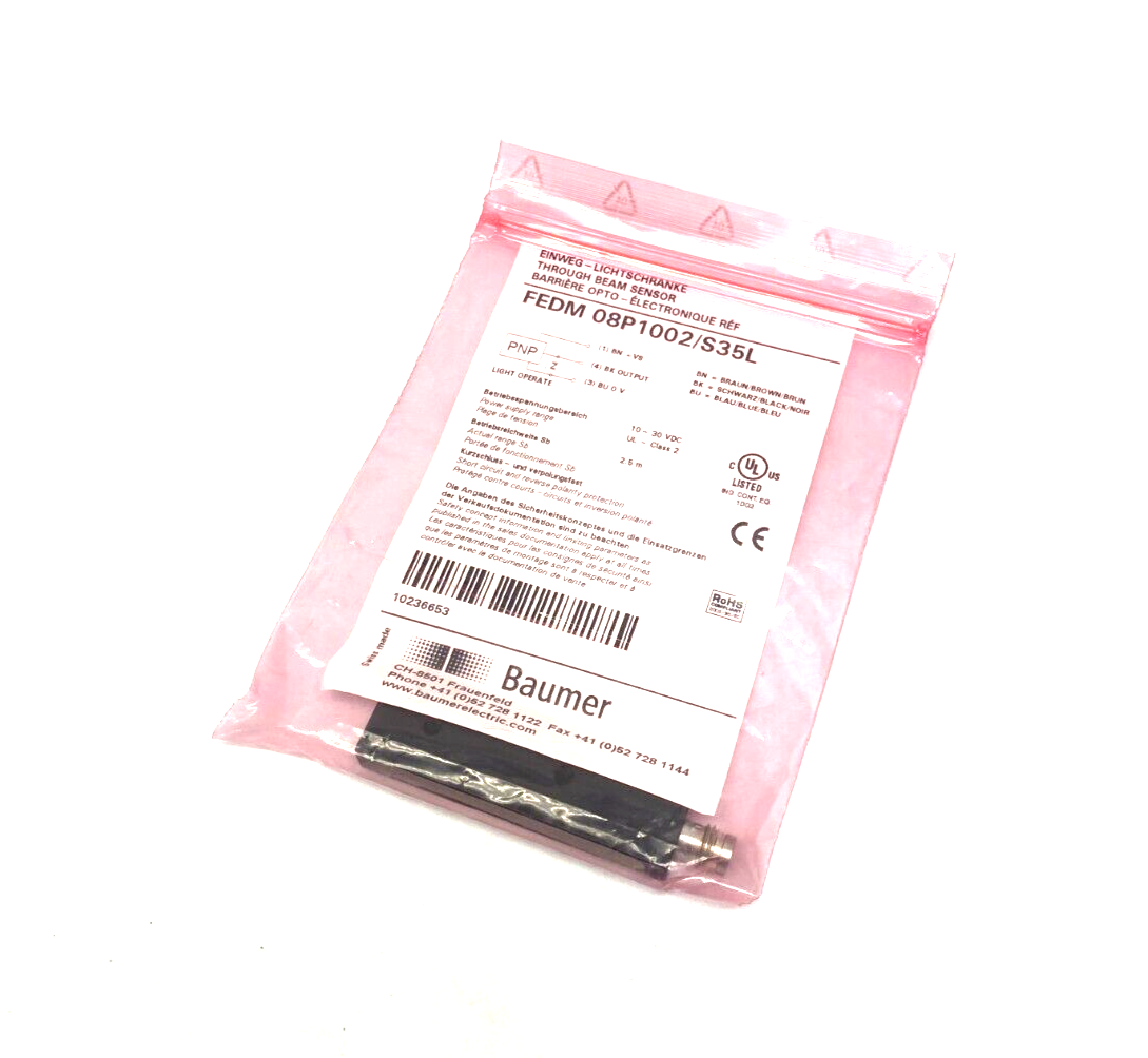 Baumer FEDM 08P1002/S35L Through-Beam Sensor 3-Pin M8 10-30VDC 10236653 - Maverick Industrial Sales