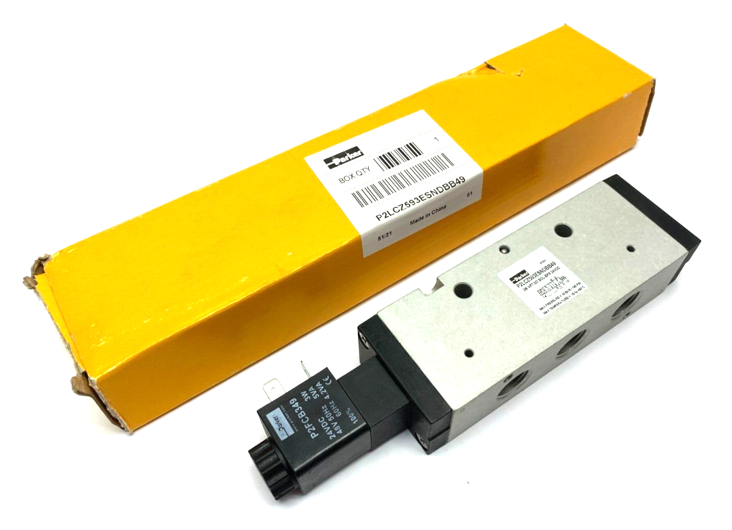 Parker P2LCZ593ESNDBB49 SOL-SPR Single Solenoid Valve 5-Port - New – Open box - Maverick Industrial Sales