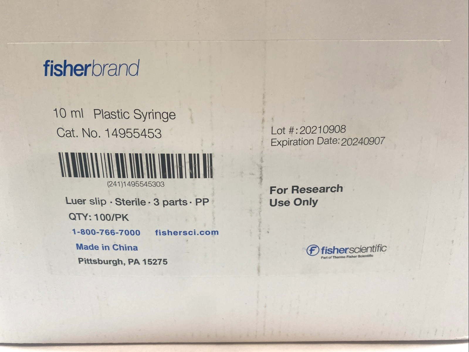 Fisher Scientific 14955453 10 mL Luer Slip Syringe Sterile Disposable PKG OF 87 - Maverick Industrial Sales