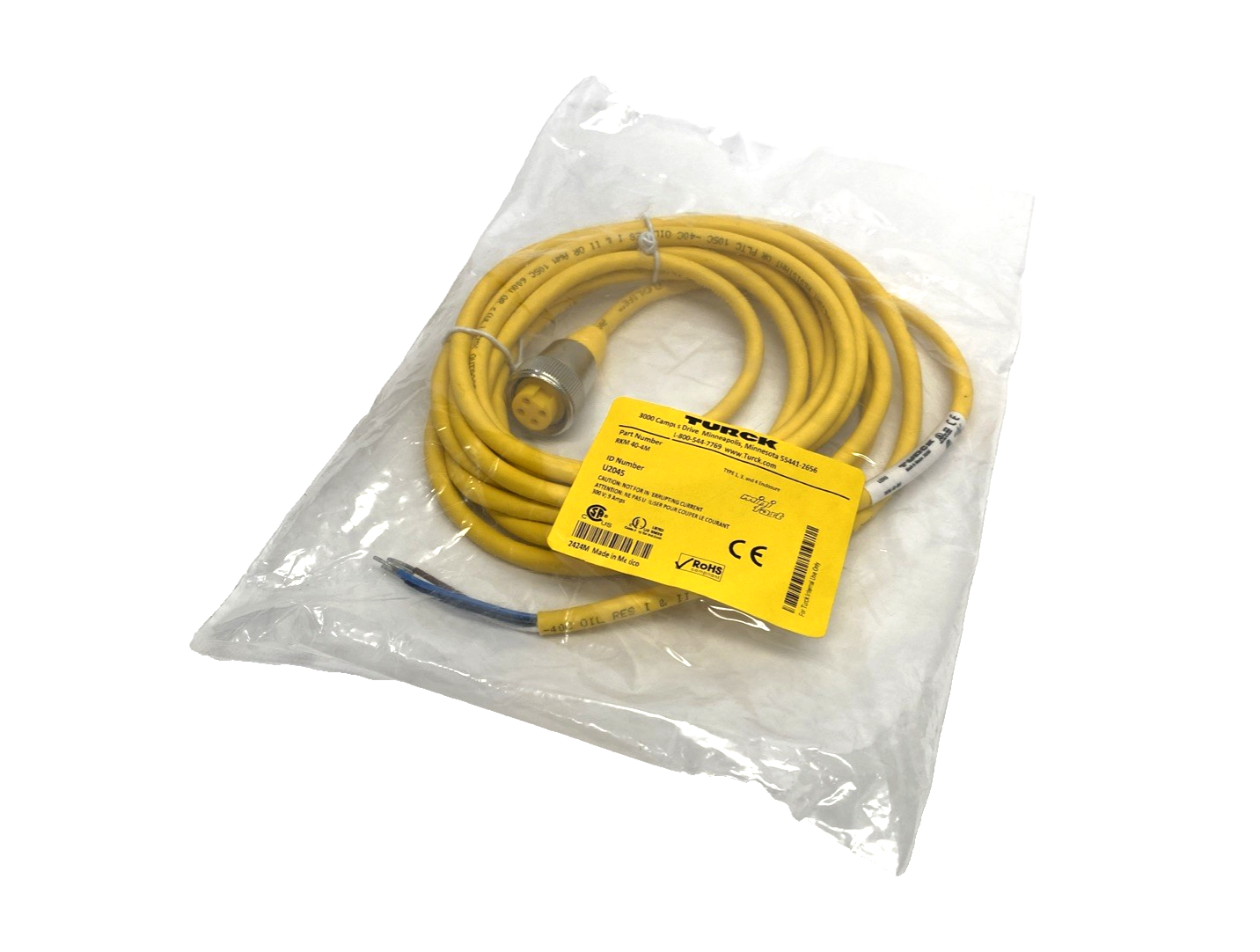RKM 40-4M | Turck Cordset 7/8" Female 4-Pin To Wire Leads 4m U2045- New - Maverick Industrial Sales