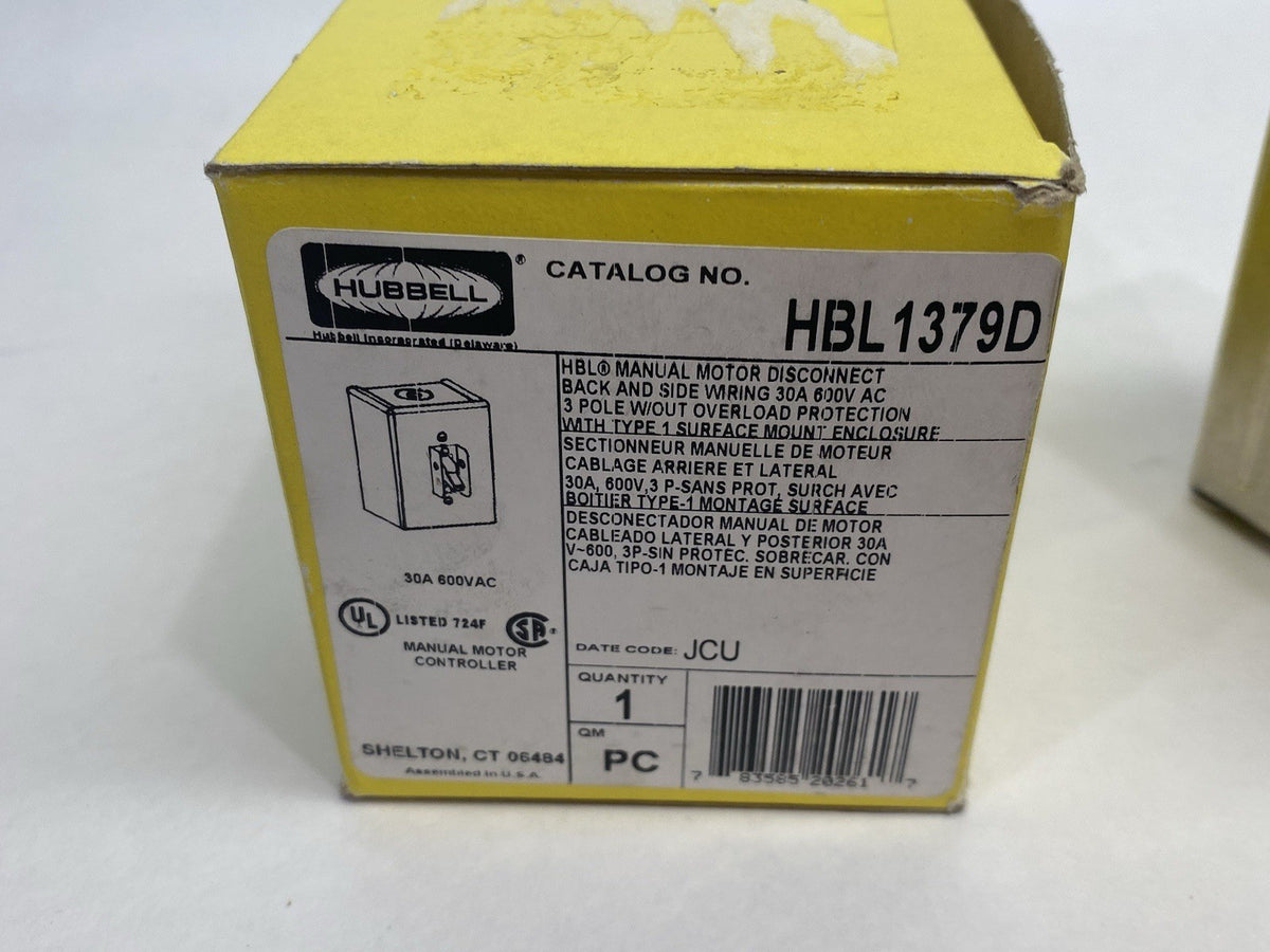 HBL1379D | Hubbell Manual Motor Disconnect/Controller, 30A 600V 3-Pole - New – Open box - Maverick Industrial Sales