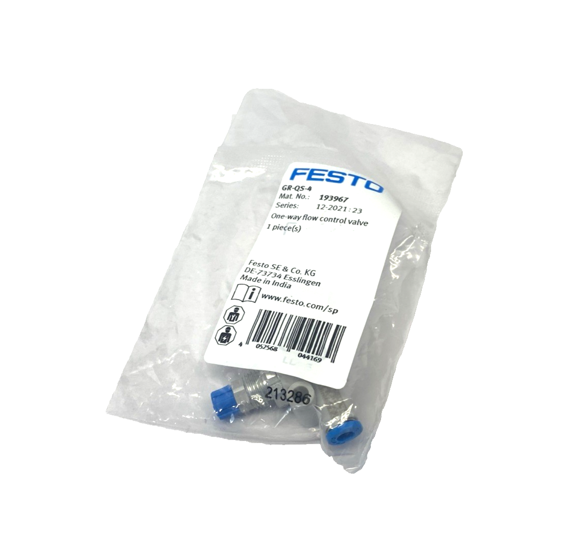 Festo GR-QS-4 One-Way Pneumatic Flow Control Valve 4mm Tube O.D. 193967 - Maverick Industrial Sales