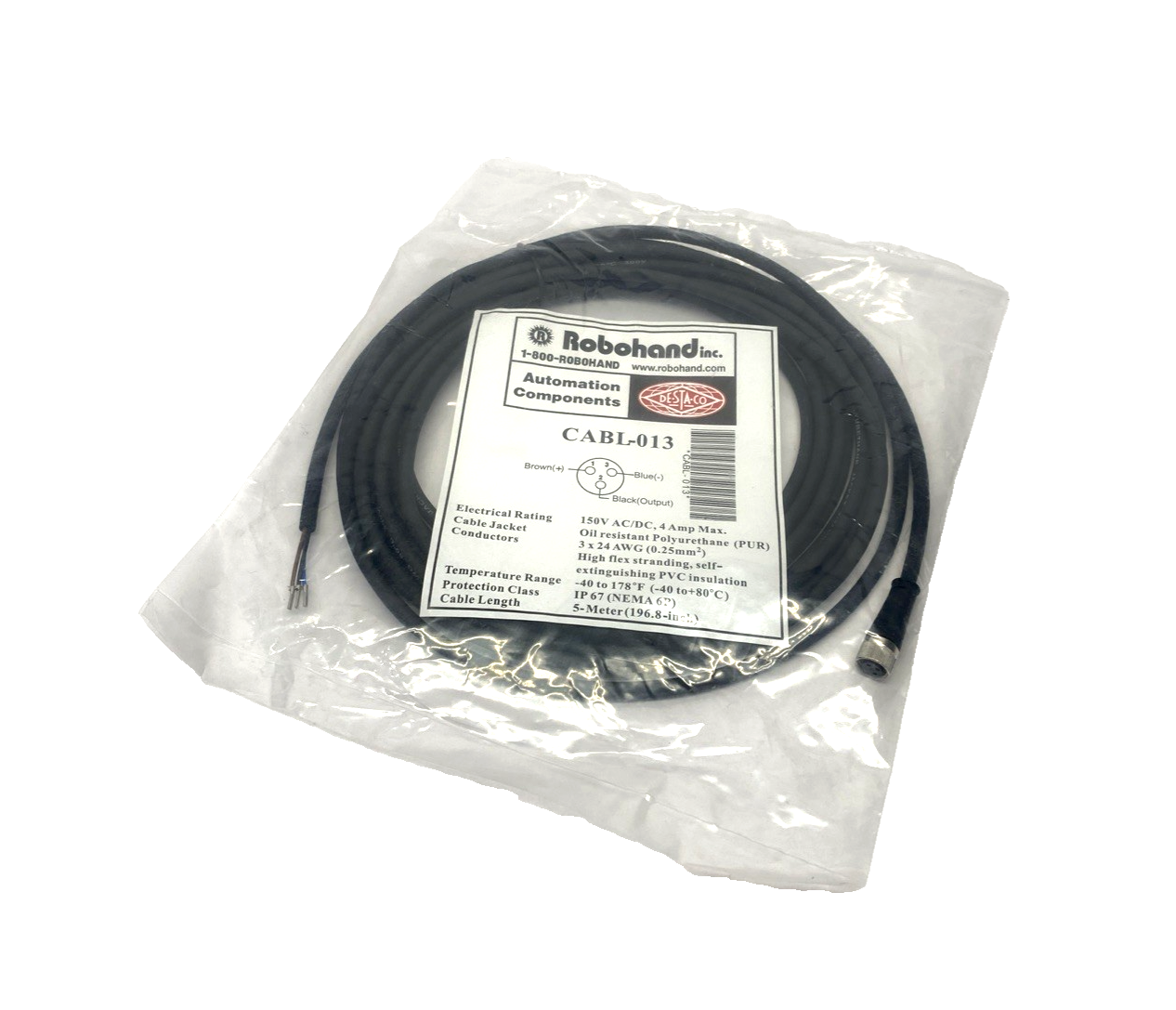 CABL-013 | Robohand M8 3-Pin Quick Disconnect Cable/Cordset 5m - New - Maverick Industrial Sales