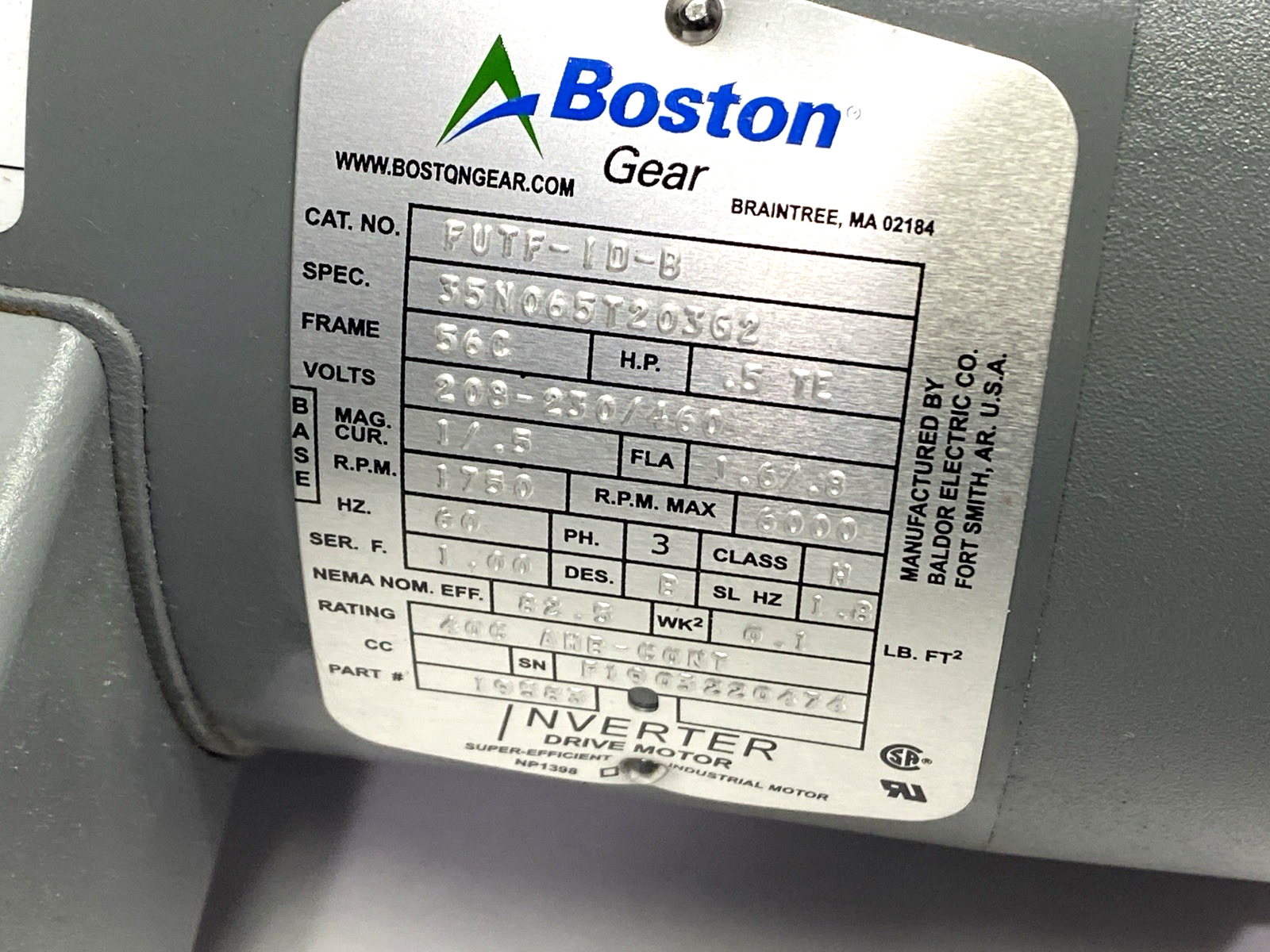 Boston Gear FUTF-1D-B AC Motor 460V 19583 w/ F710-40KPT-B5-G6 Gear Reducer 40:1 - Used - Maverick Industrial Sales