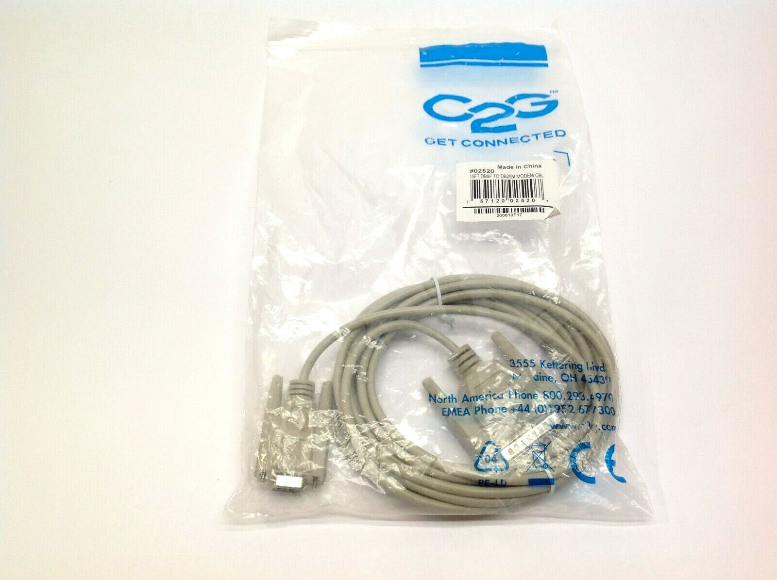 C2G 02520 Serial RS232 Modem Cable DB9 Female to DB25 Male 15’ - Maverick Industrial Sales