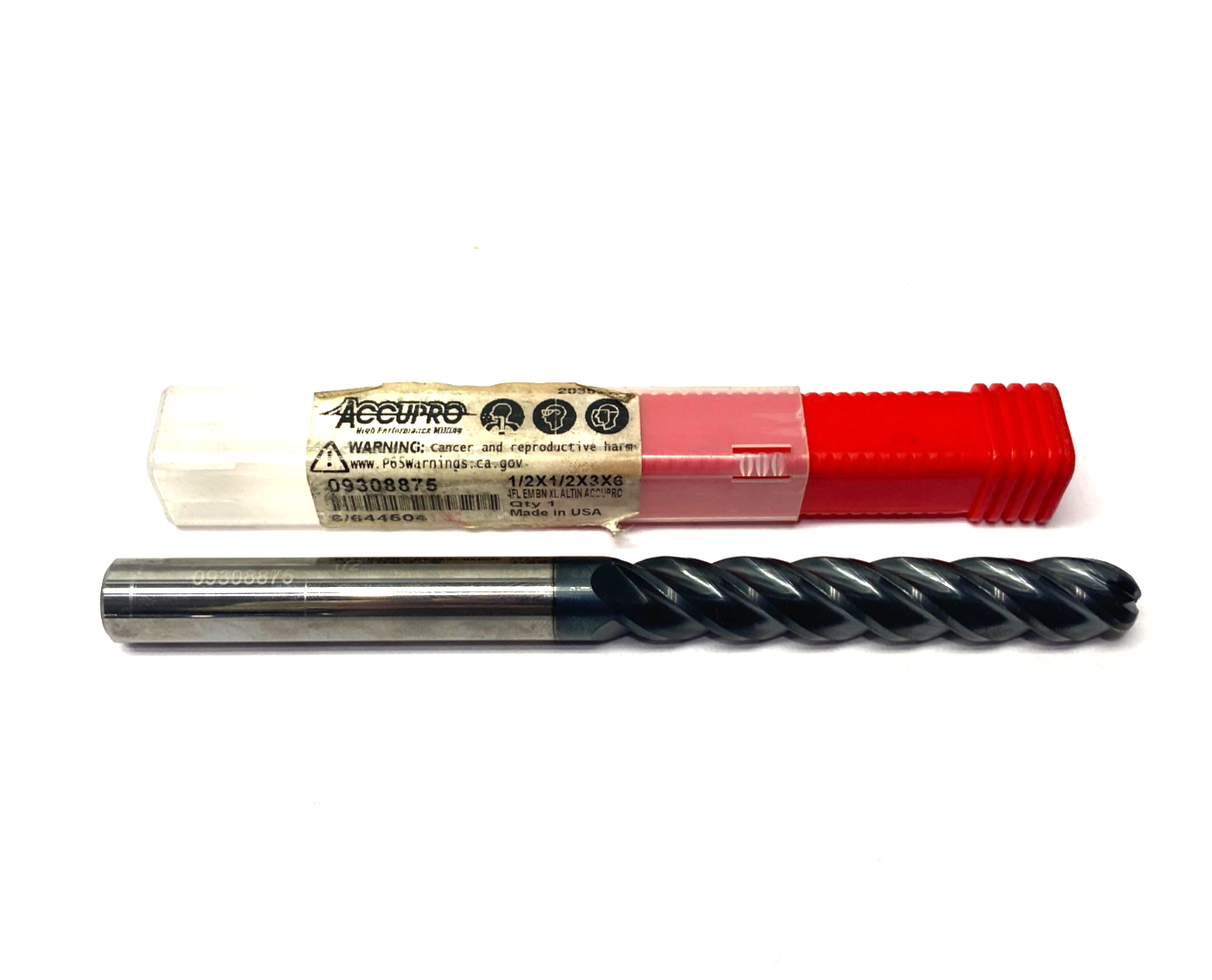 Accupro 09308875 Ball End Mill: 1/2" Dia, 3" LOC, 4 Flute, Solid Carbide 6" OAL - New – Open box - Maverick Industrial Sales