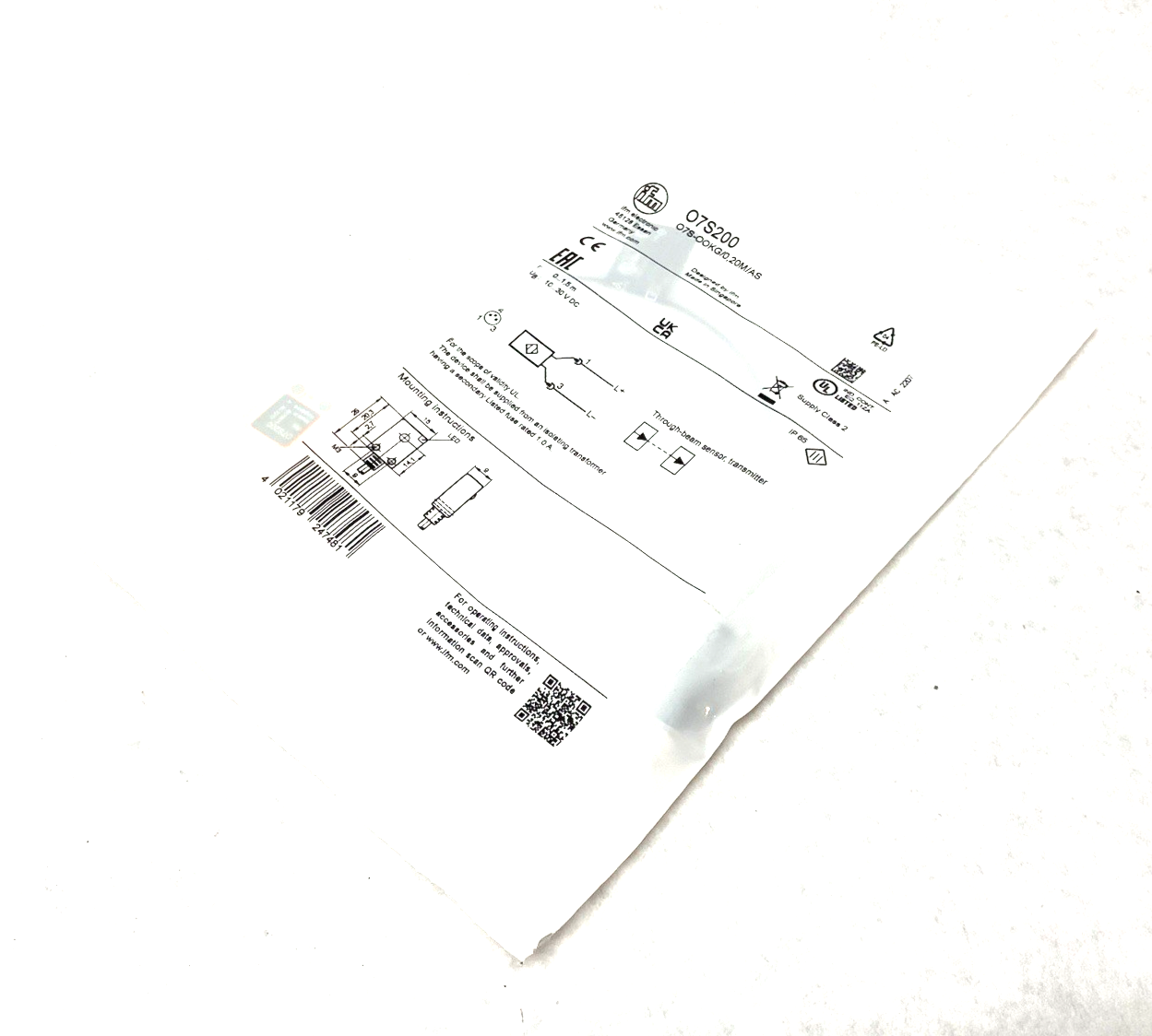 O7S200, O7S-OOKG/0,20M/AS | ifm O7S200 Through-Beam Sensor Transmitter Red Light, O7S-OOKG/0,20M/AS - New - Maverick Industrial Sales