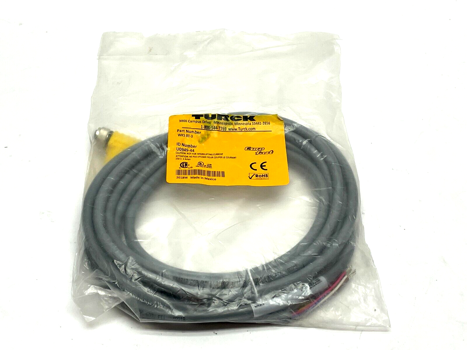 Turck WKS 8T-3 Single Ended Cordset 3m Length U0949-44 - New - Maverick Industrial Sales