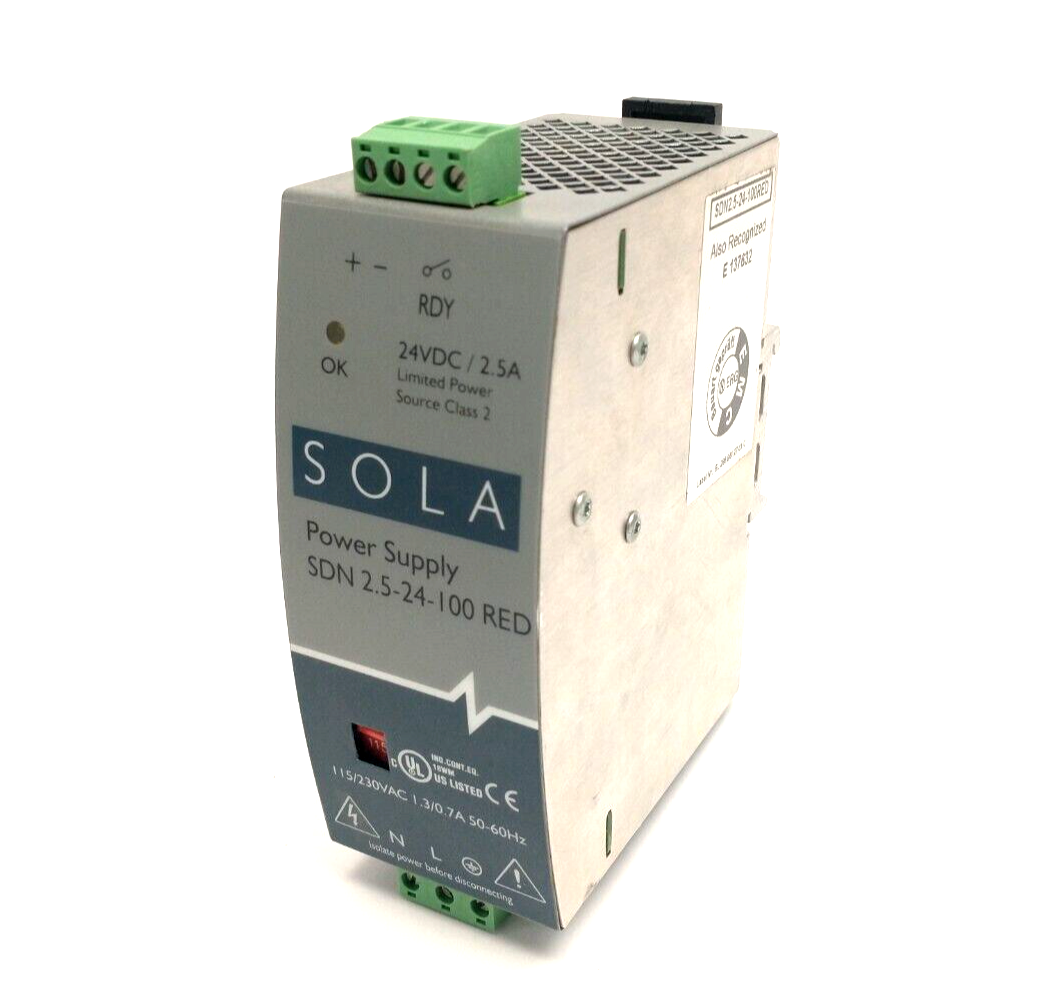 SDN 2.5-24-100 RED, SDN 2.5-24-100RED | Sola SDN 2.5-24-100 Power Supply 115/230VAC 24VDC 2.5A- Used - Maverick Industrial Sales