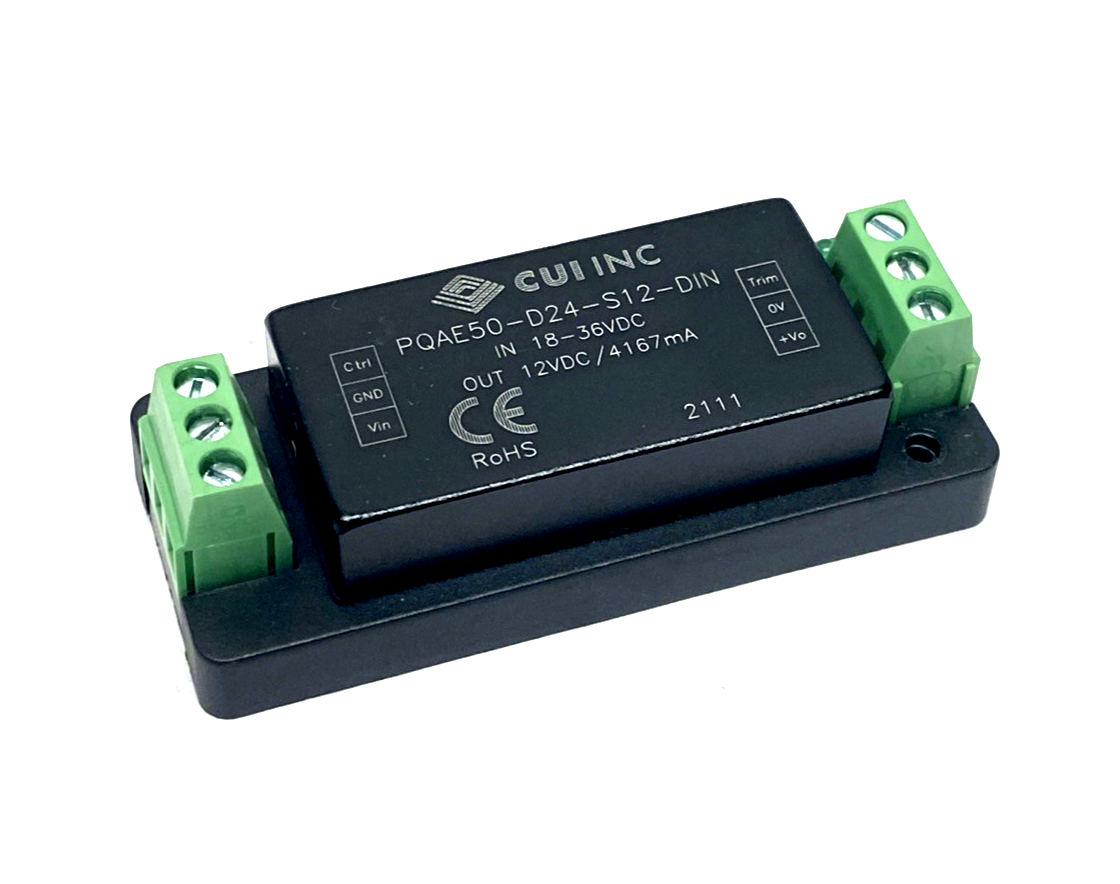CUI PQAE50-D24-S12-DIN Power Supply 18-36VDC In, 12VDC 4167mA Out, NO BRACKET - Maverick Industrial Sales