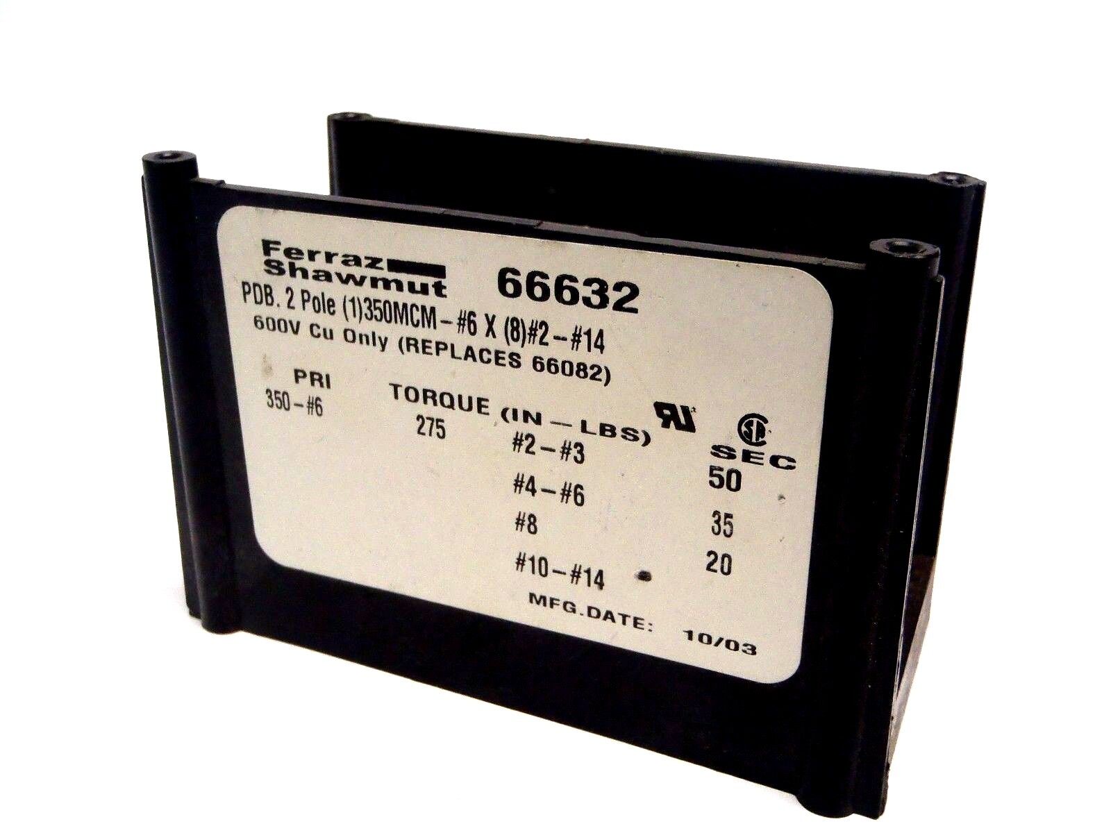 66632 | Ferraz Shawmut 2 Pole 1 350mcm-#6 x (8)#2-#14 Wire Distribution Block 600V - Used - Maverick Industrial Sales