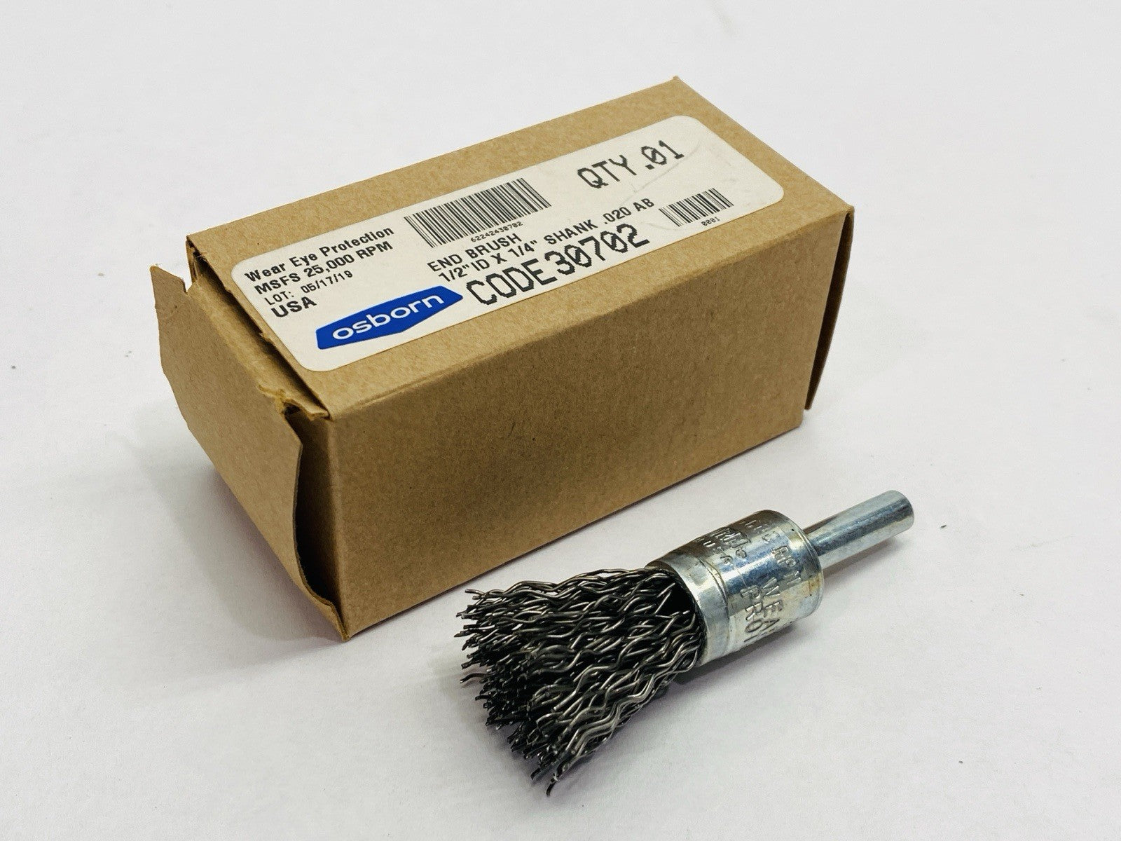 30702 | Osborn Shank Mounted End Brush 1/2" ID x 1/4" Shank .020 AB - New - Maverick Industrial Sales