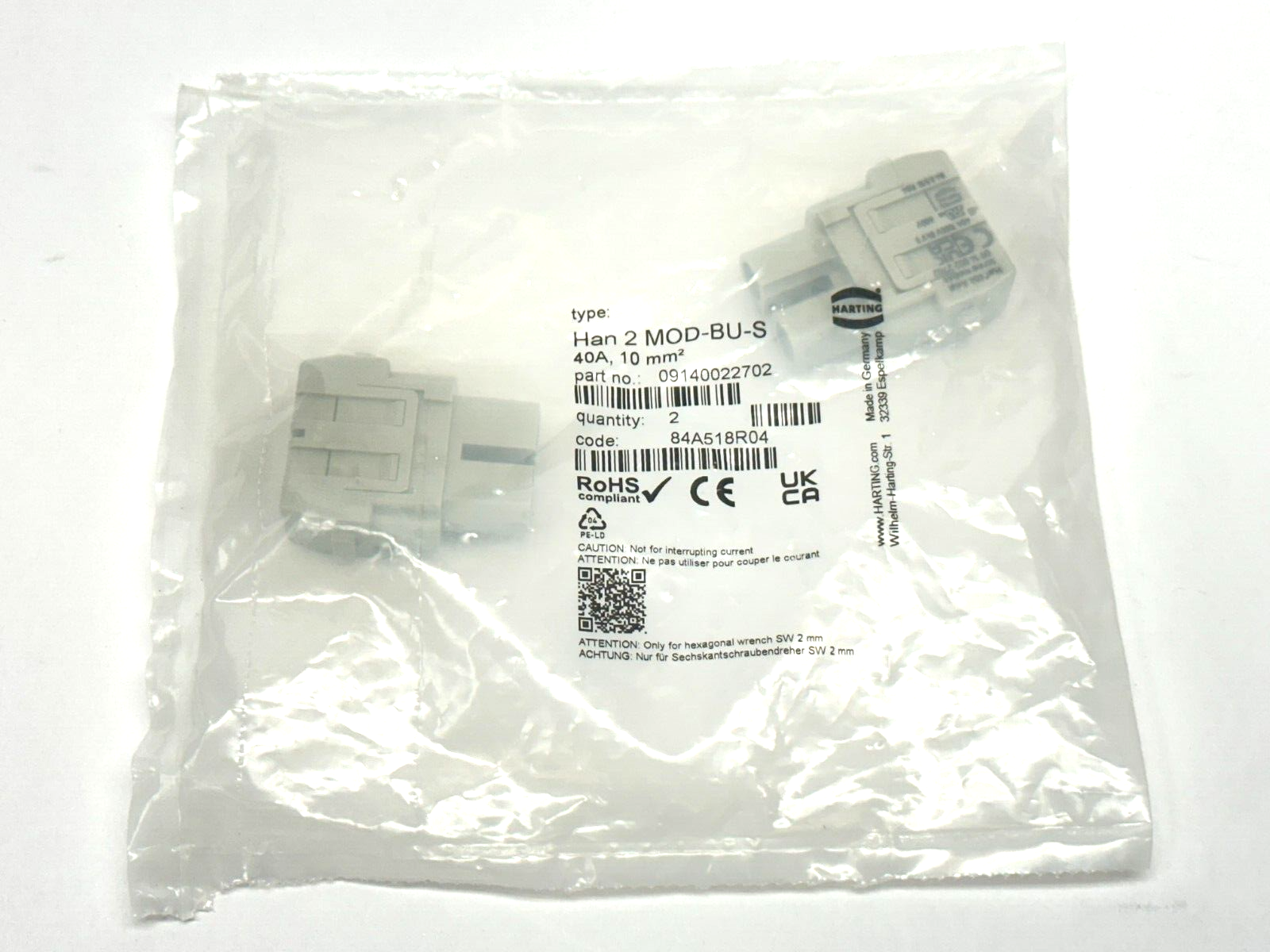 Harting 09140022702 Han Connector 2 MOD-BU-S Male 40A Pack Of 2 - New - Maverick Industrial Sales