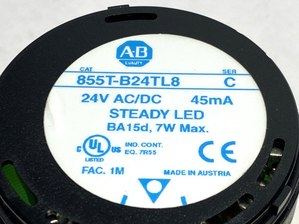855T-B24TL8 | Allen Bradley Ser. C 70mm Steady LED Stack Light 24V AC/DC Yellow - Used - Maverick Industrial Sales