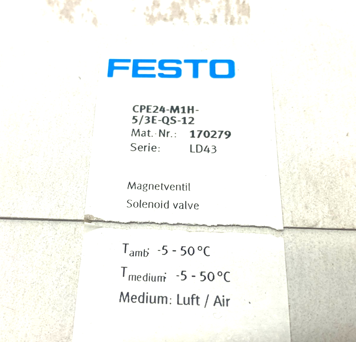 Festo CPE24-M1H-5/3E-QS-12 Solenoid Valve, Spring-Return, 170279 - Maverick Industrial Sales