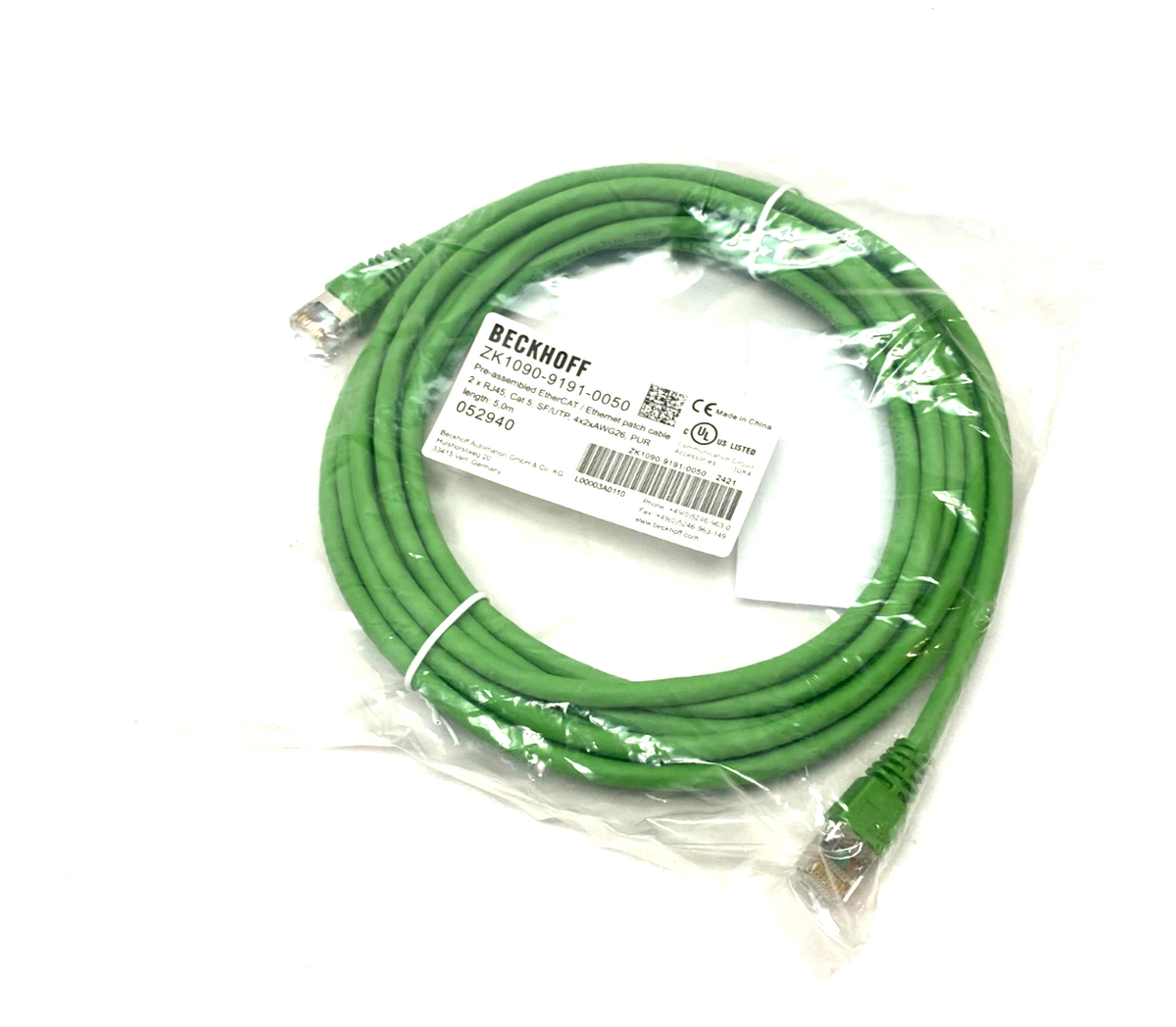 ZK1090-9191-0050, 052940 | Beckhoff ZK1090-9191-0050 Ethernet/EtherCAT Patch Cable 2 x RJ45 5m 052940 - New - Maverick Industrial Sales