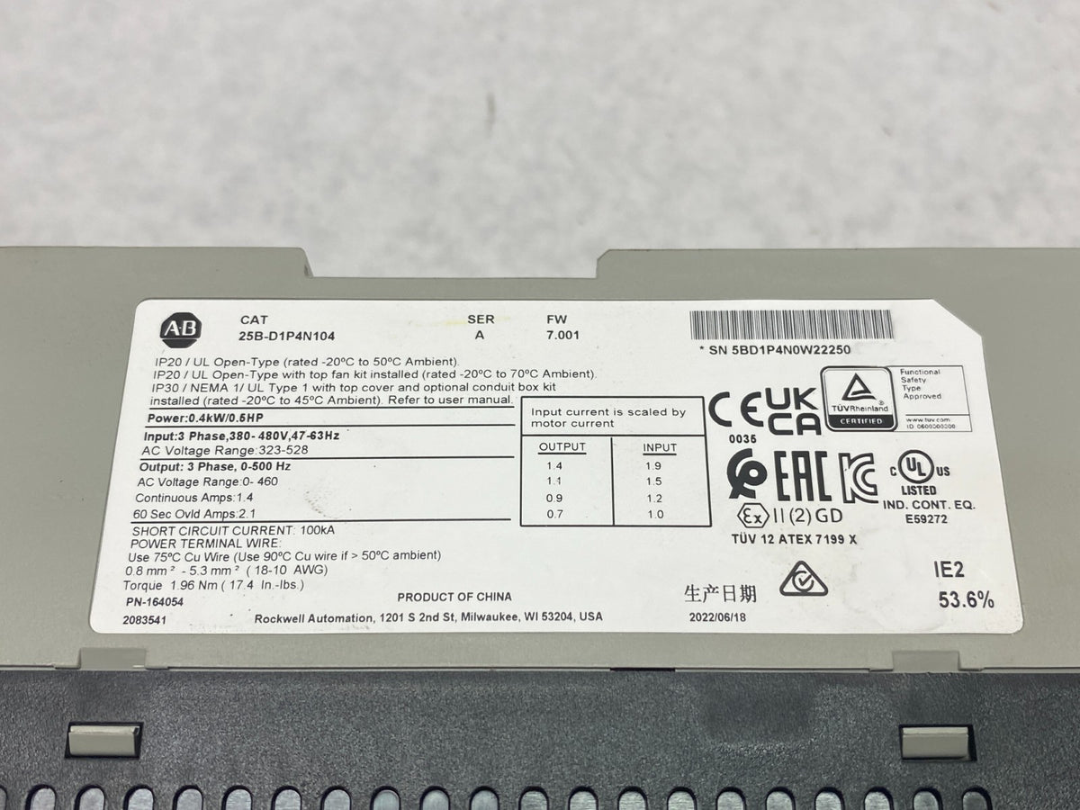 25B-D1P4N104 | Allen Bradley Ser. A PowerFlex 525 0.4kW (0.5Hp) AC Drive 3-Phase - Used - Maverick Industrial Sales