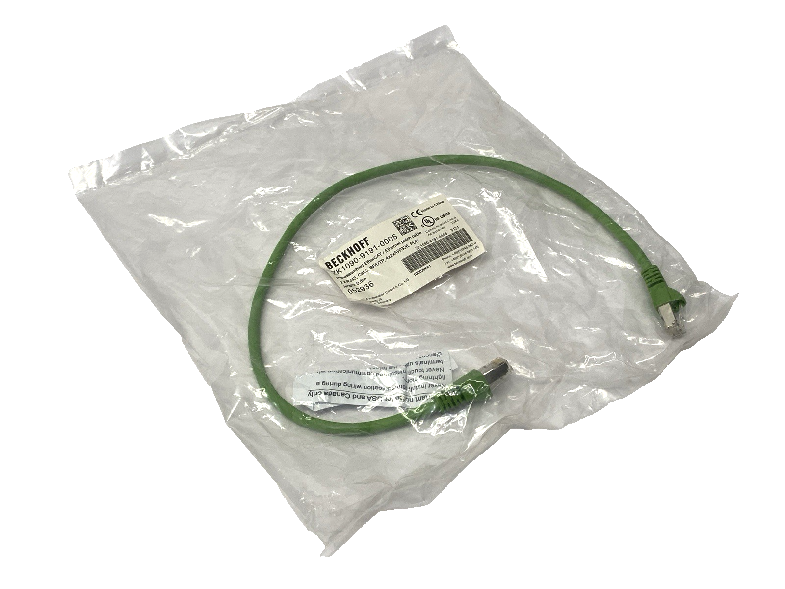 Beckhoff ZK1090-9191-0005 Double-Ended Ethernet Cable RJ45 to RJ45 0.5m Length - Maverick Industrial Sales