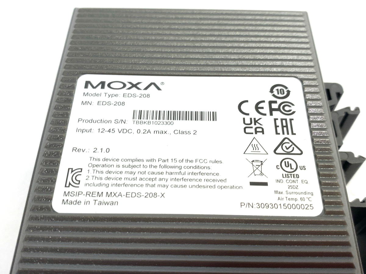 EDS-208 | Moxa Entry-Level Unmanaged Ethernet Switch 8-Port NO TERMINAL CONN. - Used - Maverick Industrial Sales