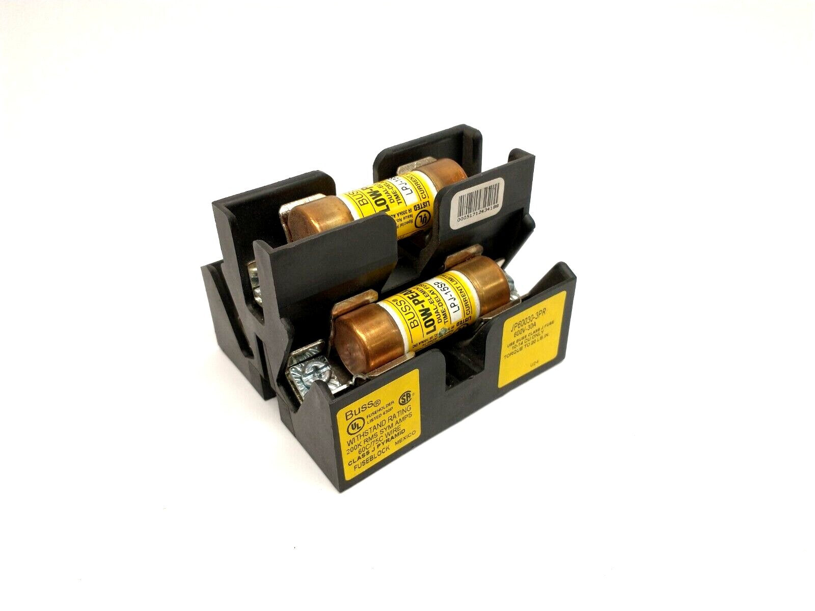 JP60030-3PR,LPJ-15SP | Buss JP60030-3PR Pyramid Fuse Block w/ Bussmann LPJ-15SP Time Delay Fuses - Used - Maverick Industrial Sales