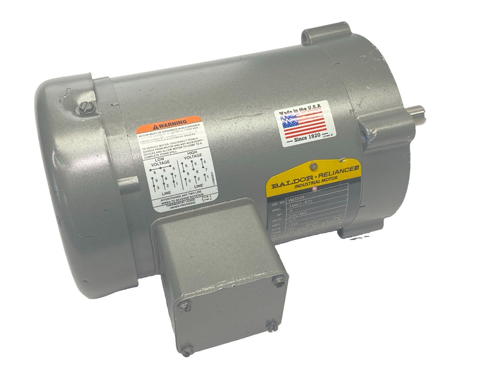 Baldor VM3538 Spec 34A63-872 Industrial Motor 1/2HP 1725RPM 2/1A 230/460V 3PH - Maverick Industrial Sales