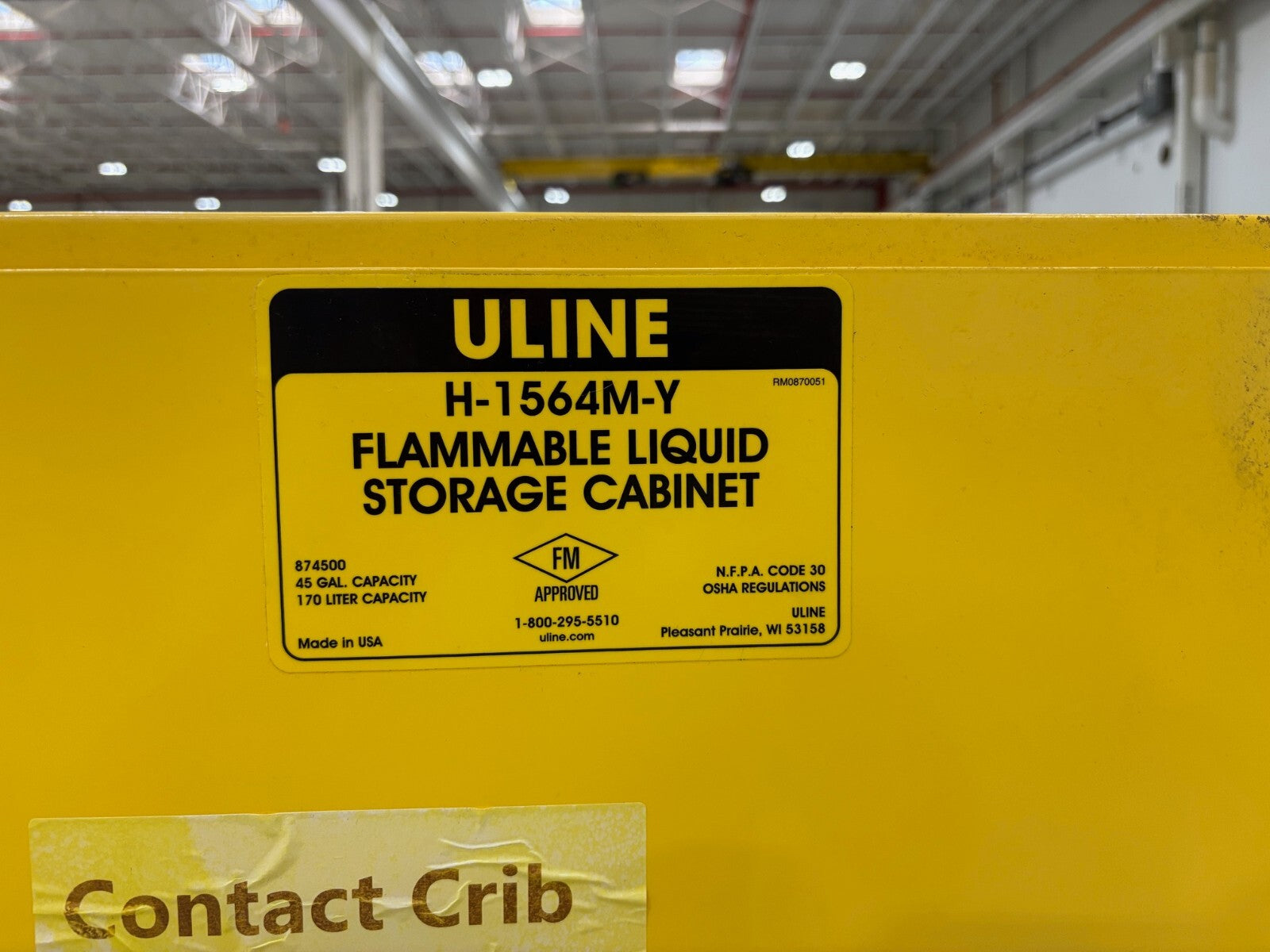 ULINE H-1564M-Y Flammable Liquid Storage Cabinet, 45 Gal. 170L Capacity, No Key - Used - Maverick Industrial Sales