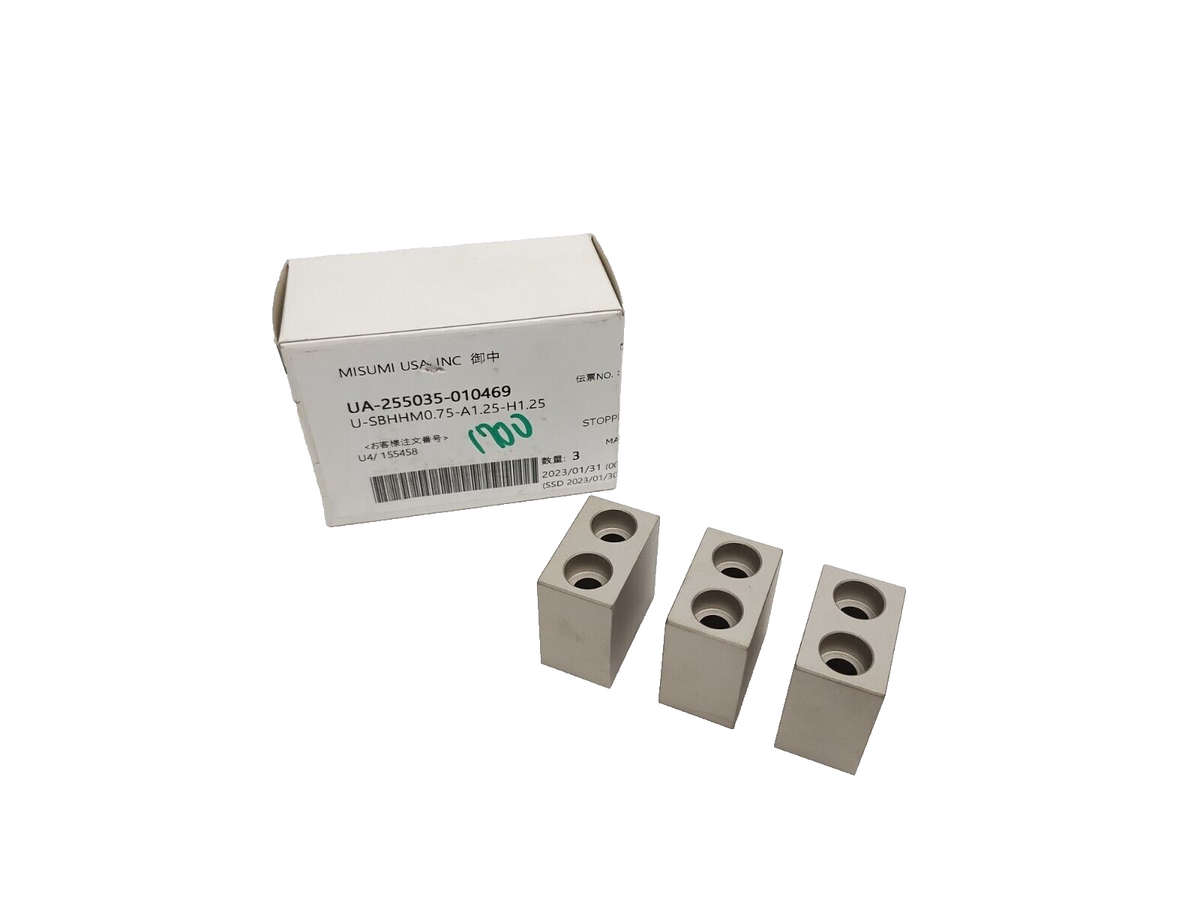 U-SBHHM0.75-A1.25-H1.25 | MiSUMi Stopper Block 1-1/4" x 1-1/4" x 3/4" BOX OF 3 - New – Open box - Maverick Industrial Sales