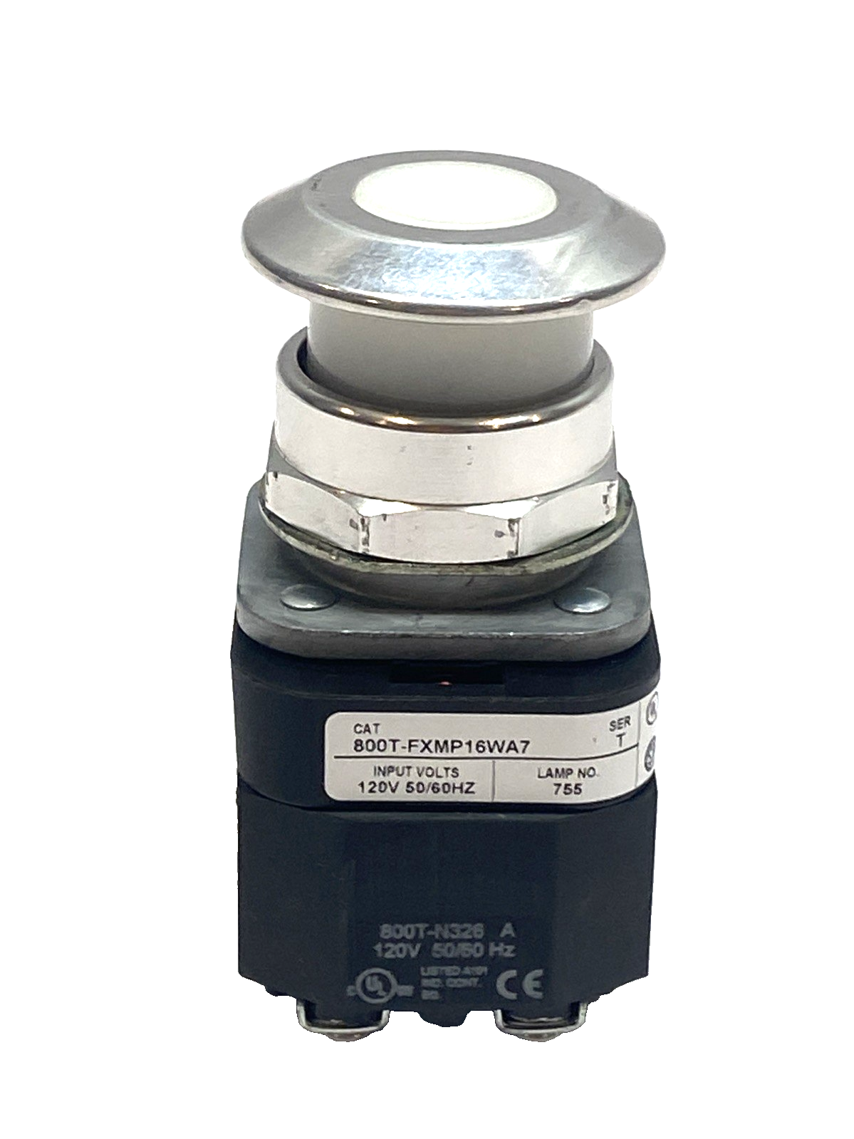 800T-FXMP16WA7 | Allen Bradley Illuminated White Mushroom Push-Pull 30mm 120VAC- Used - Maverick Industrial Sales