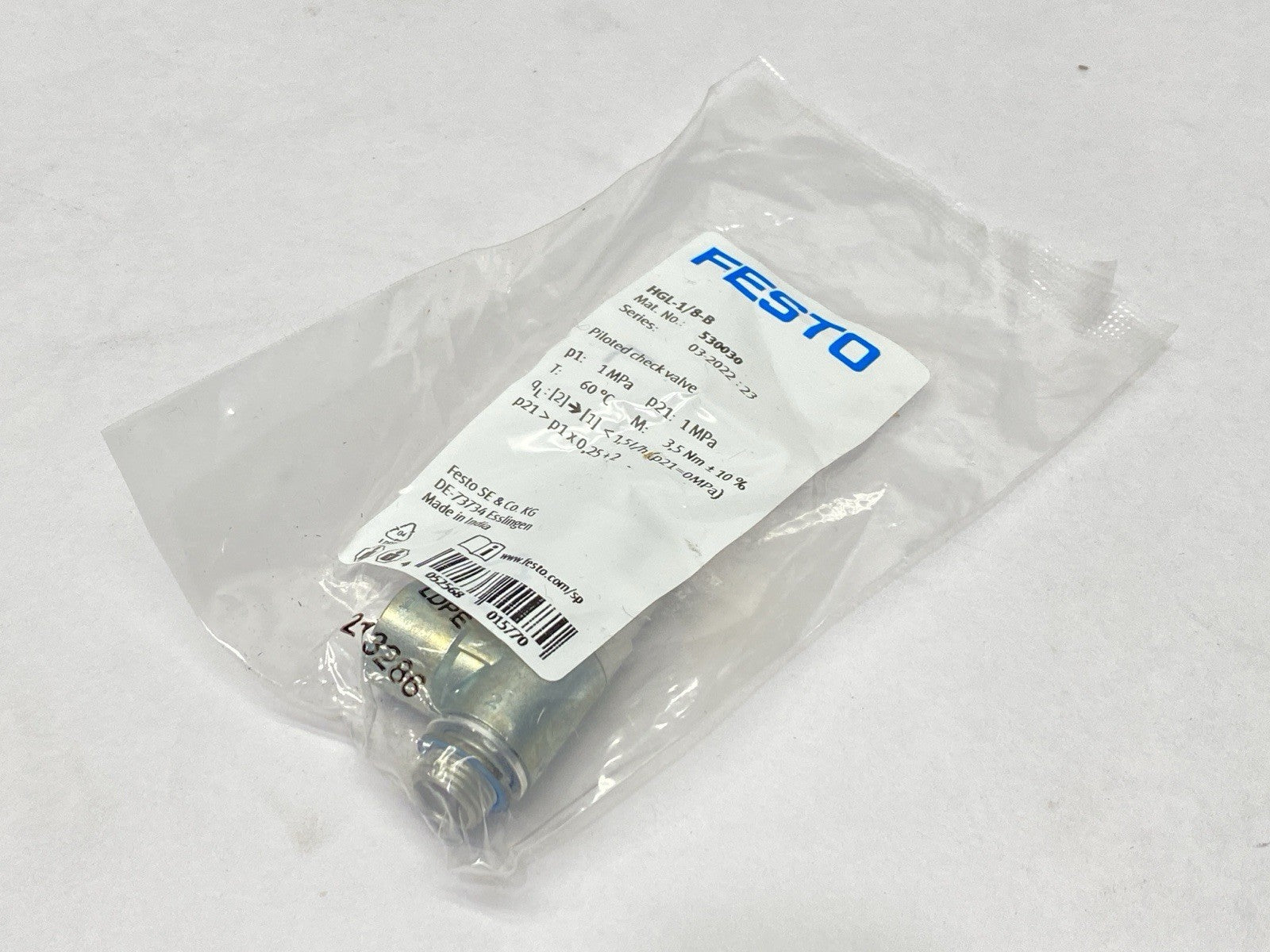 Festo HGL-1/8-B Piloted Non-Return Check Valve 530030 - Maverick Industrial Sales