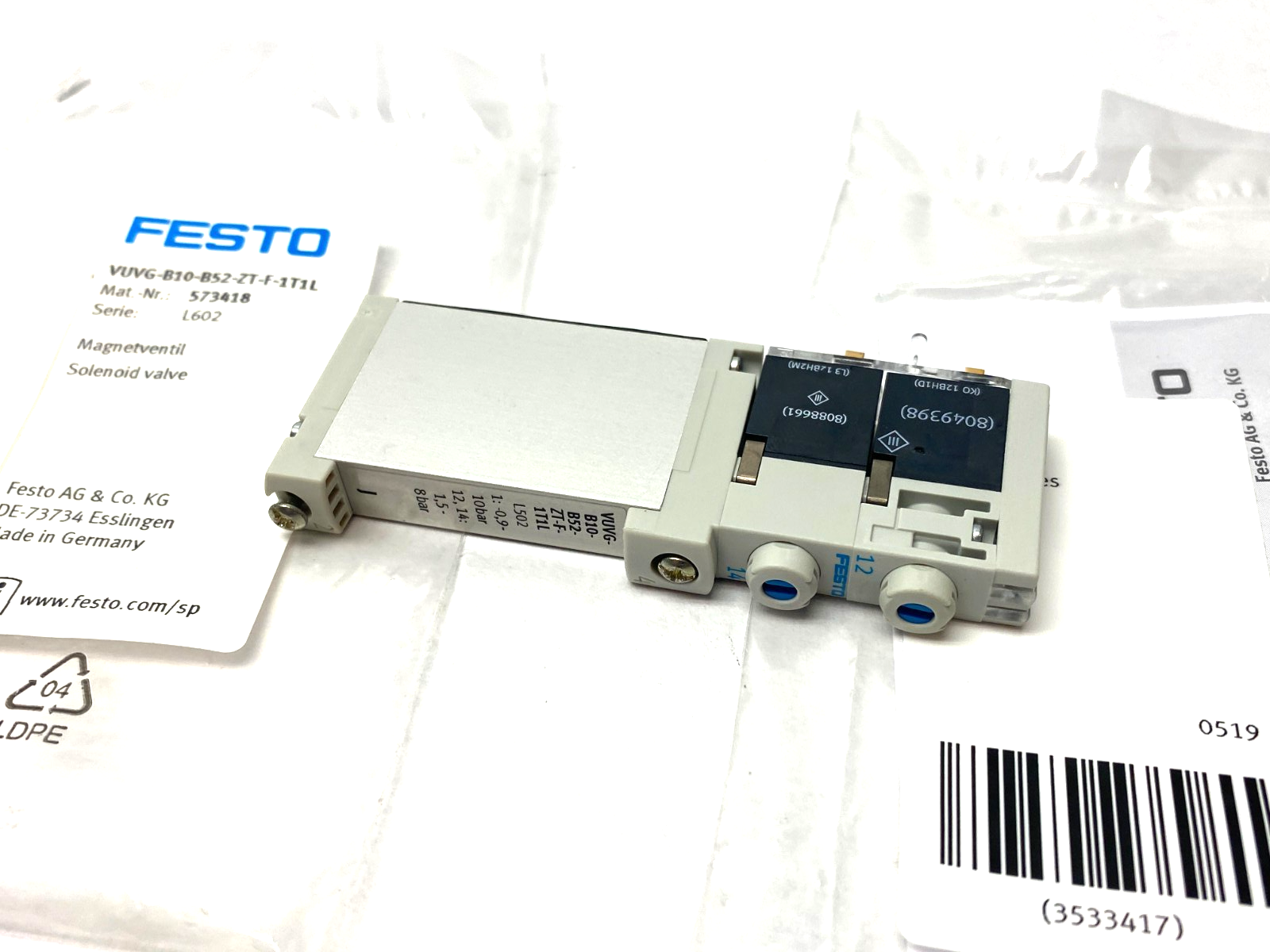 Festo VUVG-B10-B52-ZT-F-1T1L Solenoid Valve, 5/2 Bistable, 573418 - Maverick Industrial Sales