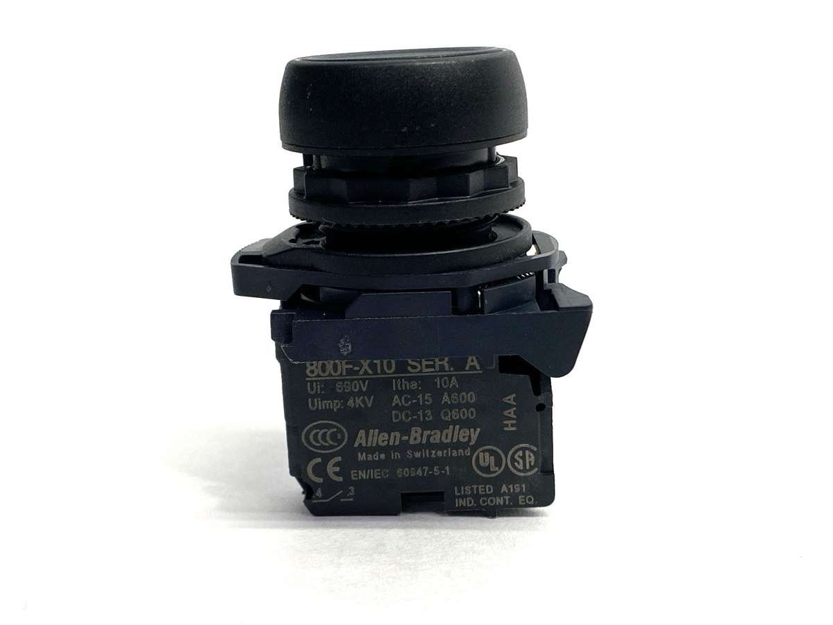 800F-X10,800F-ALP,800FP-E2 | Allen Bradley 800FP-E2 Pushbutton Black w/ 800F-ALP Latch 800F-X10 Ser A Contact - Used - Maverick Industrial Sales