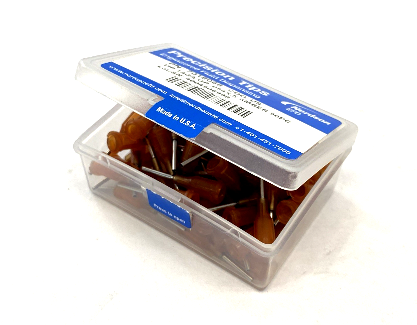 Nordson EFD 7018068 Precision Dispense Tip 15GA GP 0.054" x 0.5" Amber 50-PACK - Maverick Industrial Sales