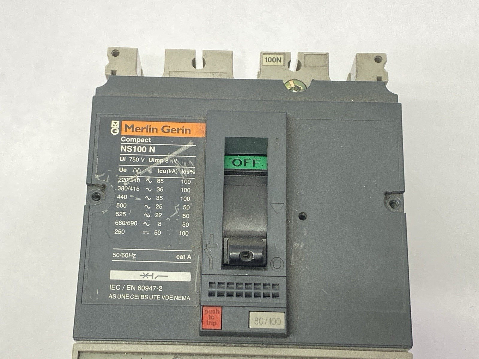 NS100-160-250 N/H/NA | Merlin Gerin Circuit Breaker 100A w/ Vigi NS 100/160 Add-On - For parts or not working - Maverick Industrial Sales