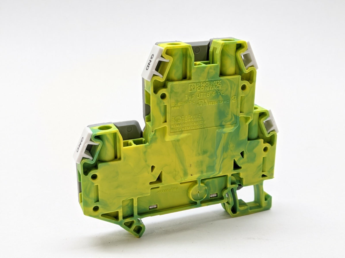 UTTB 4-PE,3047293,D-UTTB 2,5/4,3044759 | Phoenix Contact Typ UTTB 4-PE Terminal Block w/D-UTTB 2.5/4 End Cover LOT OF 5 - Used - Maverick Industrial Sales