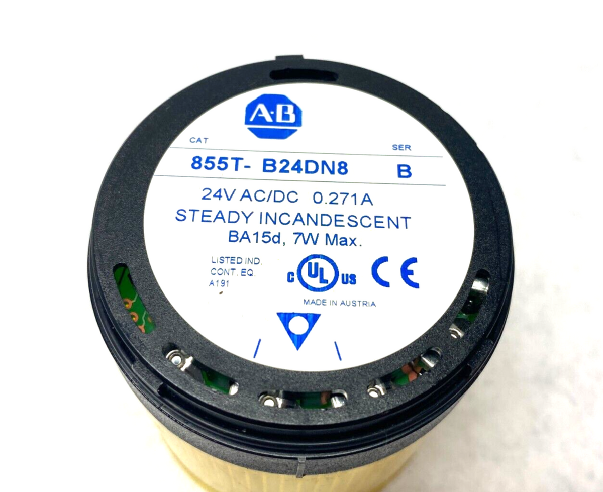 855T-B24DN8, 855E-LL24A | Allen Bradley 855T-B24DN8 Ser. B Steady Incandescent Stack Light Yellow 24V - Used - Maverick Industrial Sales