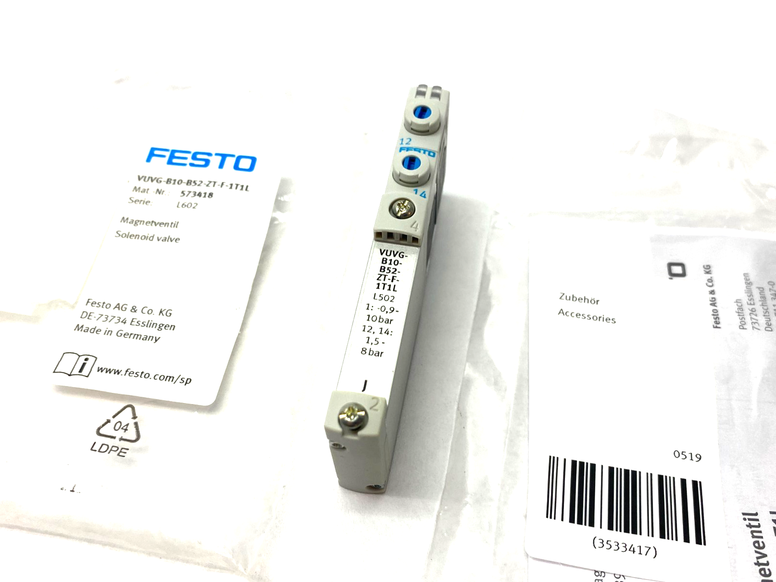 Festo VUVG-B10-B52-ZT-F-1T1L Solenoid Valve, 5/2 Bistable, 573418 - Maverick Industrial Sales