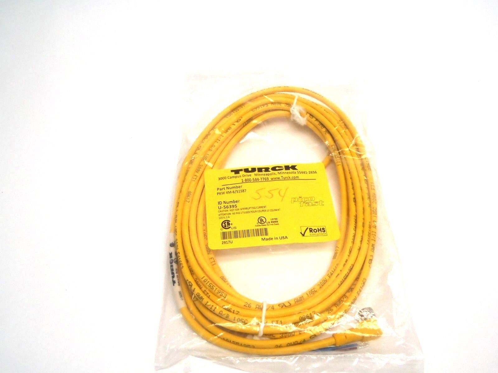Turck PKW 4M-6/S1587 / U-56395 Picofast M8 Cordset Yellow Shielded PLC 125V 2A - New – Open box - Maverick Industrial Sales