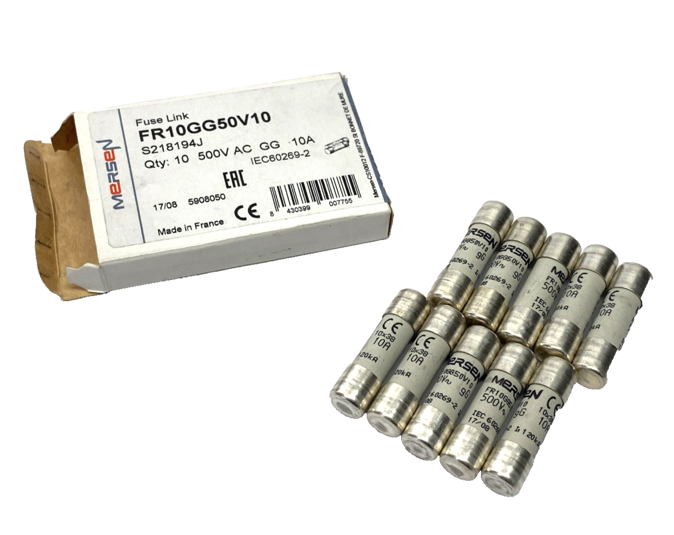 FR10GG50V10 | Mersen Cylindrical Fuse gG 10x38mm 500VAC 250VDC S218194J 10A 10-PK- New โ Open box - Maverick Industrial Sales